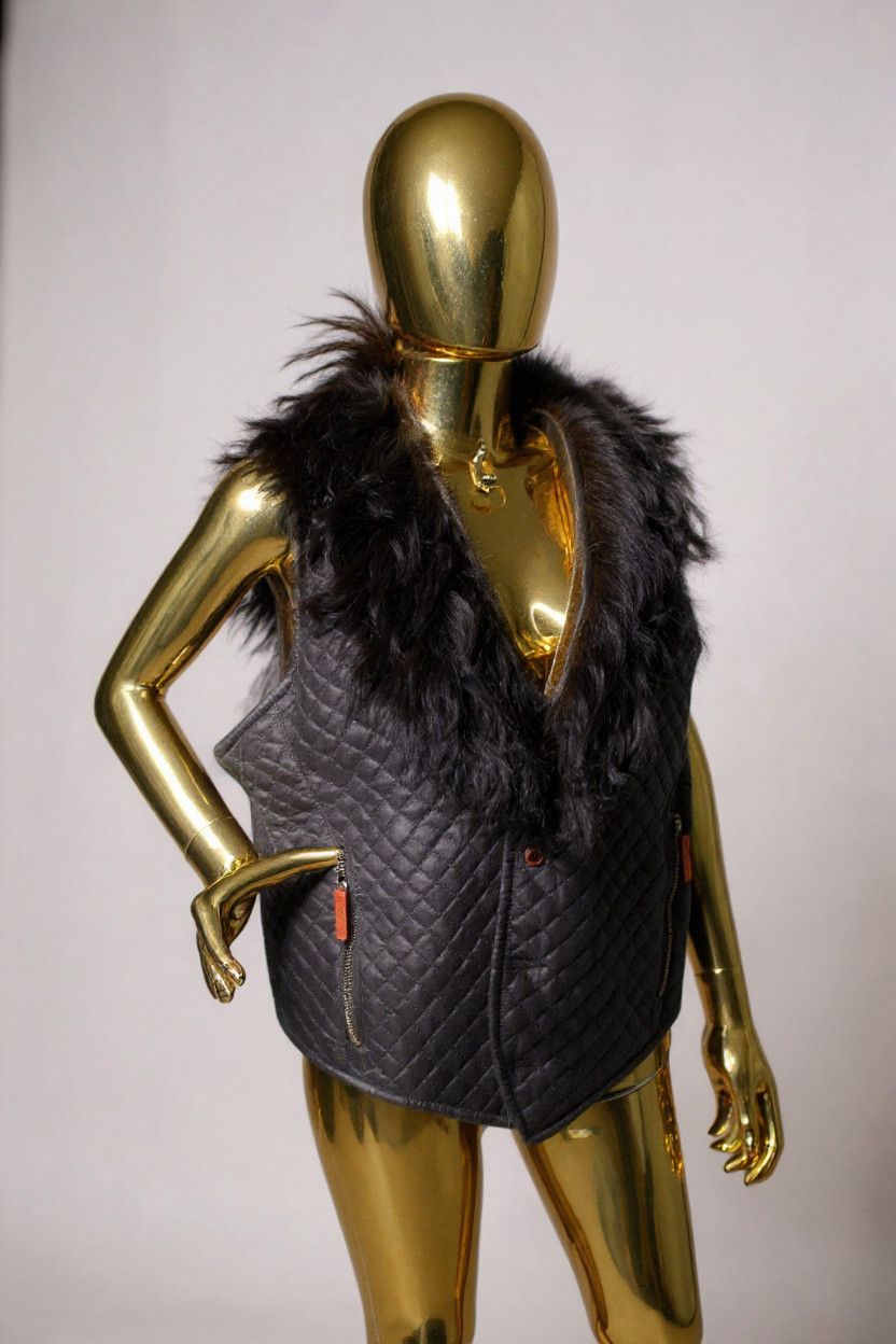 Vintage Black Quilted Vest with Real Mongolian Fur Collar Size US L / EU 52-54 / 3 - 1 Thumbnail