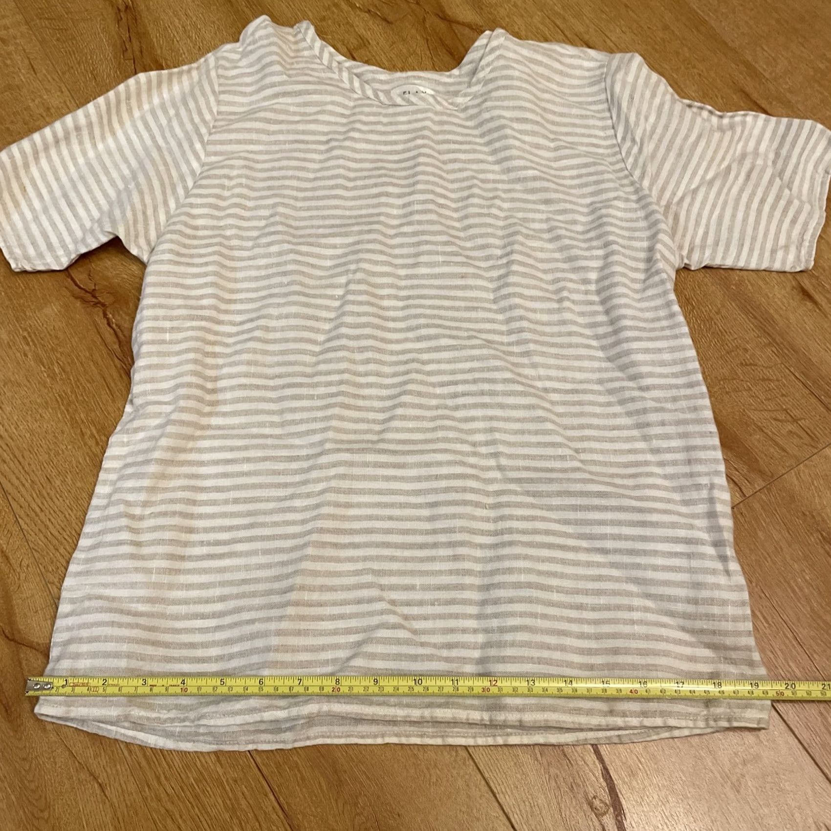 FLAX FLAX by Angelheart Linen Stripe Tan Cream Top Short Sleeve Lagenlook S Boho Shirt Blouse White Beige Linen 100% Women's Slim Regular Vintage: No Size S / US 4 / IT 40 - 5 Thumbnail