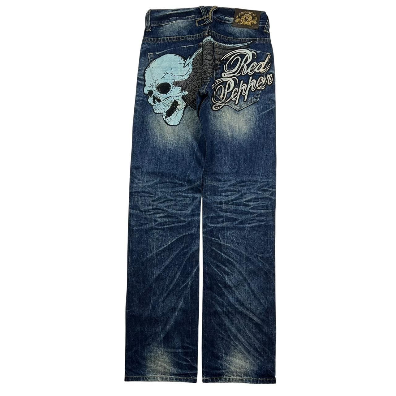 Japanese Brand Vintage Red Pepper Embroidered Skull Jeans - Waist 29 Size US 29 - 1 Thumbnail