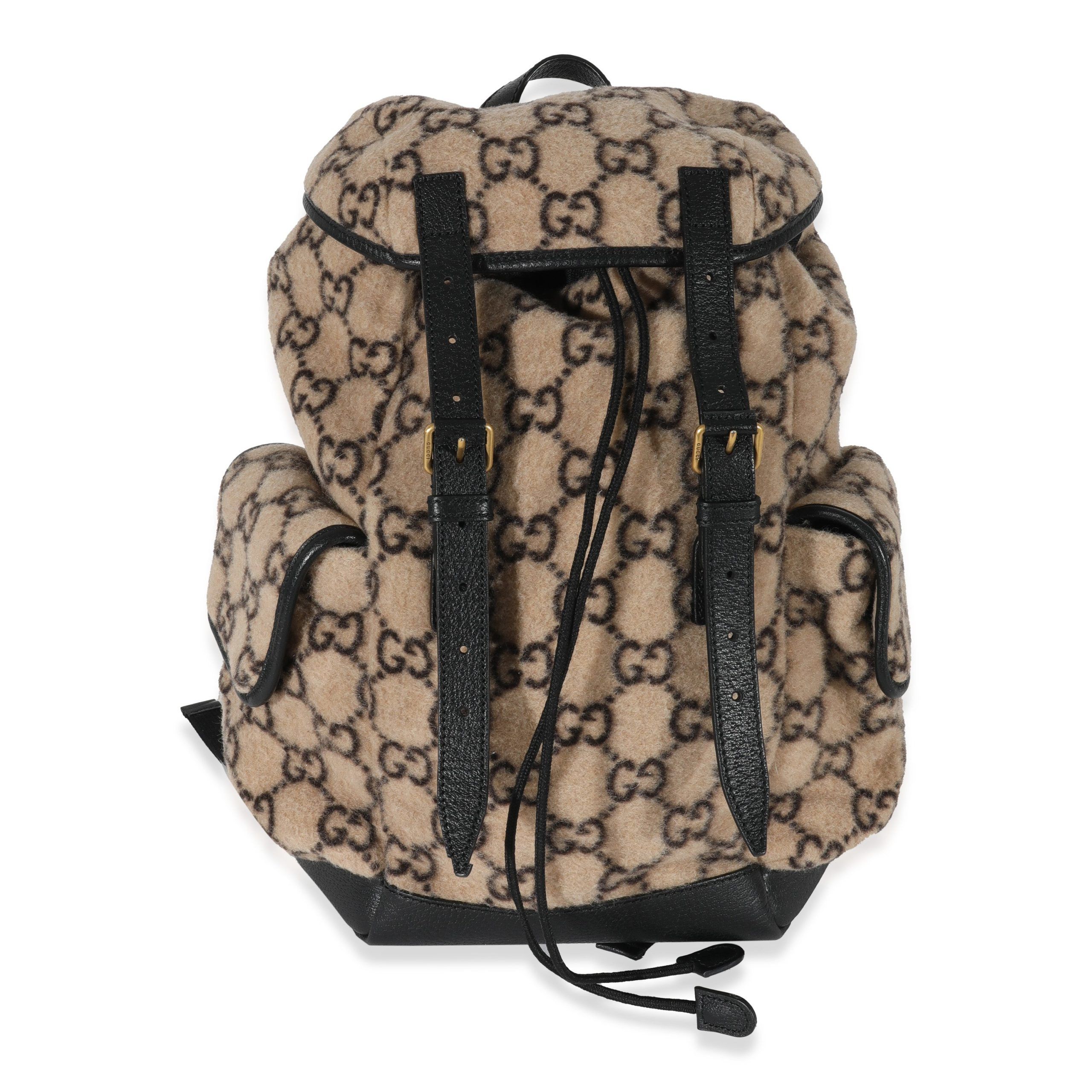 image of Gucci Beige Black Wool GG Double Pocket Buckle Backpack in Brown, Women's