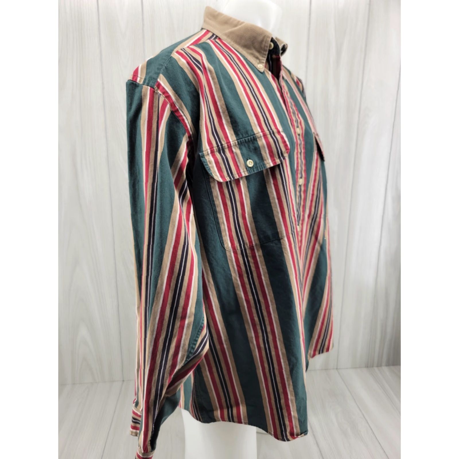 Tommy Hilfiger VINTAGE Tommy Hilfiger Mens Striped Button-Up Shirt XL 90s Crest Logo Cotton Green Shirt Button-Front Mens Regular Size US XL / EU 56 / 4 - 4 Thumbnail