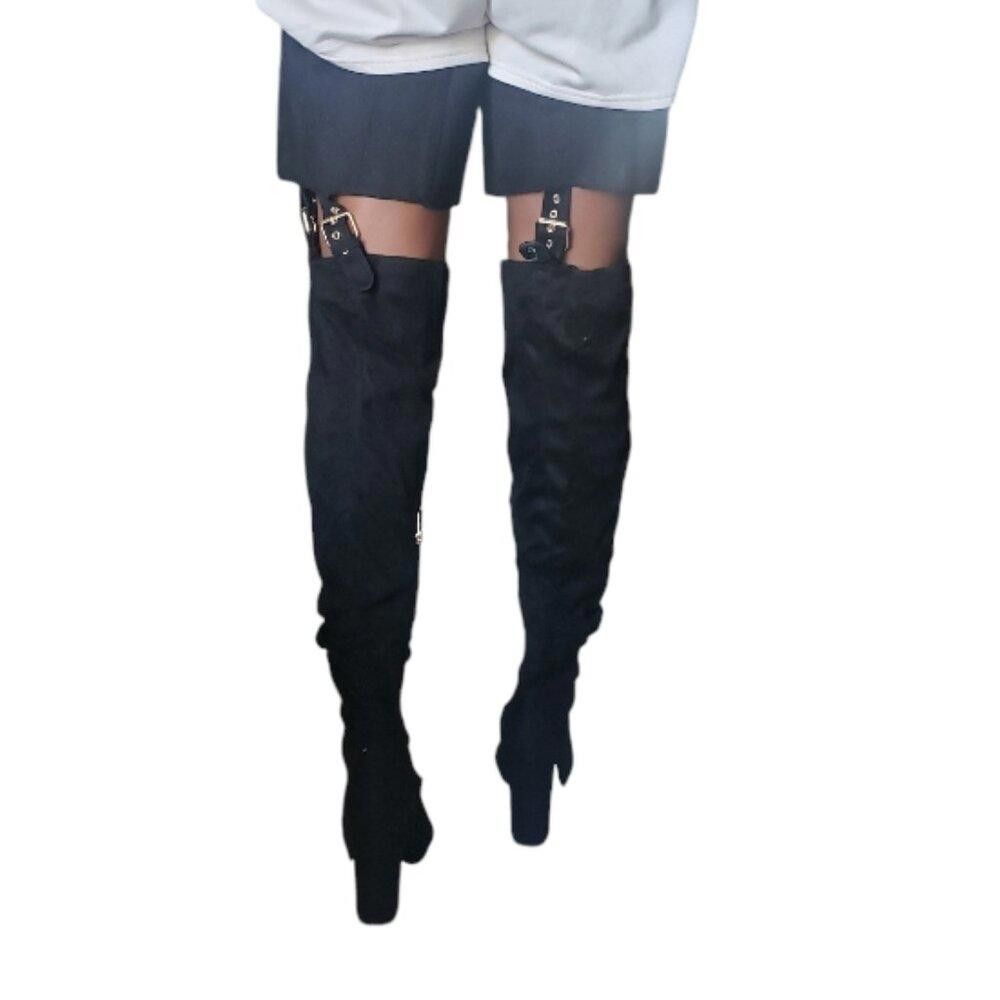 Designer Detogni Black Faux Suede Thigh High Boots Size 8 Size US 8 / IT 38 - 3 Thumbnail