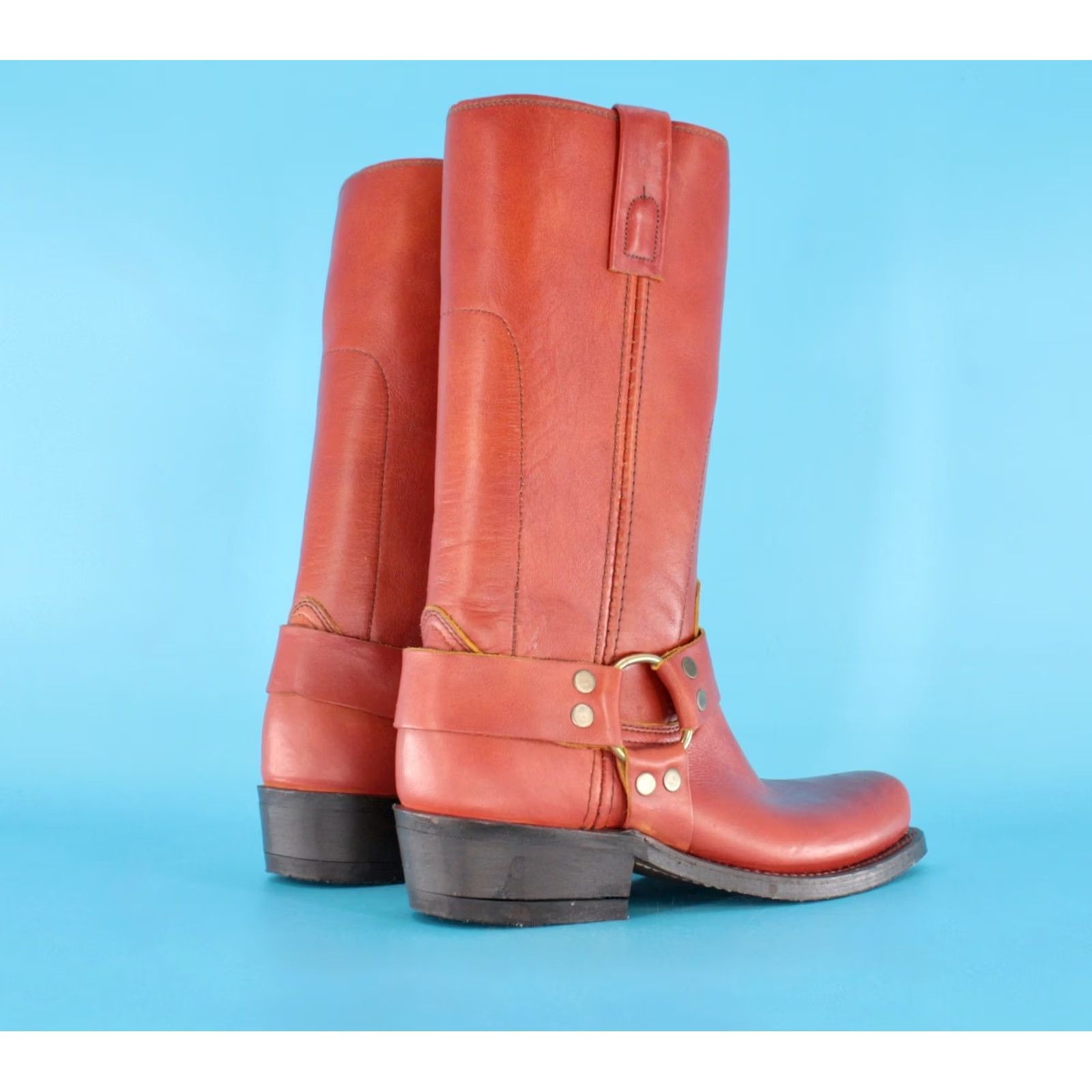 Vintage VTG 70s Boots Texas Boots Mens VTG 70s Red Brown Harness Boots Sz 7 D Leather Cowboy Motorcycle Biker Size US 7 / EU 40 - 7 Thumbnail