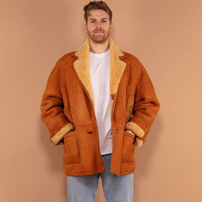 Sheepskin Coat Vintage 80's Men Boho Shearling Coat in Caramel Brown ...