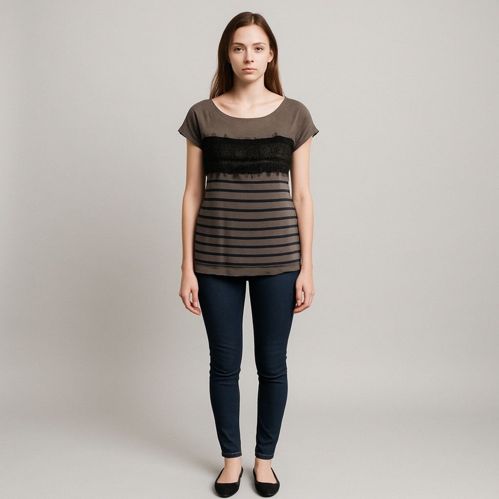 Ann Taylor Ann Taylor Loft Lace and Striped Top Small Size S / US 4 / IT 40 - 1 Thumbnail