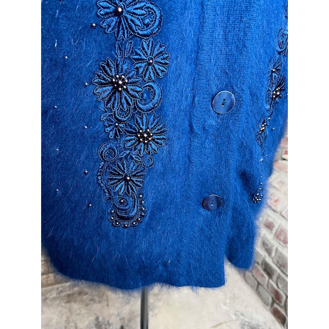 Vintage sweater coat fuzzy beaded sequin flower angora blue Size US XL / EU 56 / 4 - 6 Thumbnail