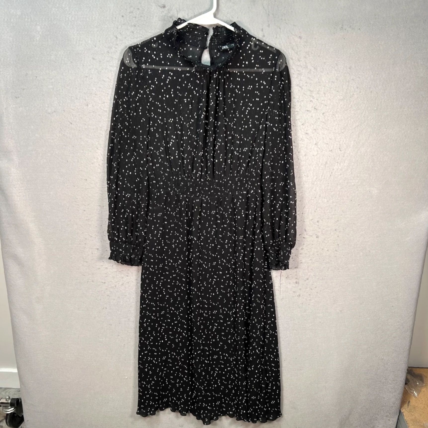 Zara Zara Womens XS Sheer Black & White Polka Dot Midi Dress Long Sleeve, A-Line, Party/Cocktail, Polyester, Maxi? (Note: Original specifies Midi) Size XS / US 0-2 / IT 36-38 - 2 Thumbnail