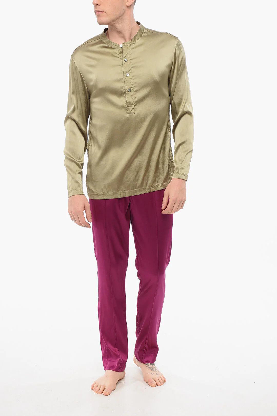 Tom Ford og1mm0426 Silk Satin Pajama Shirt in Military Green Size US L / EU 52-54 / 3 - 4 Thumbnail