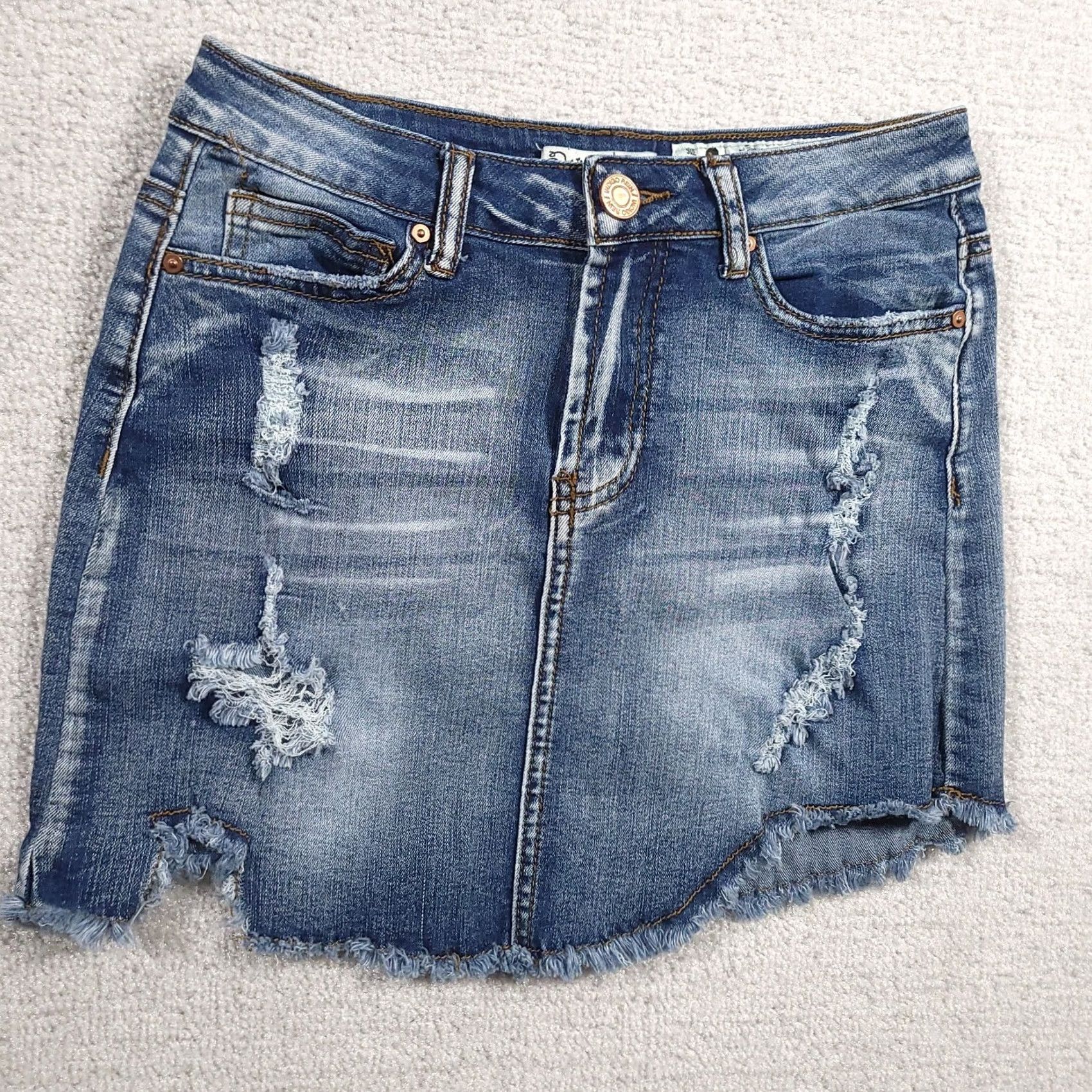 Denime Indigo Rein Denim Skirt Women's 3 Distressed Medium Stretch Mini Short 26" W Size 26" / US 2 / IT 38 - 3 Thumbnail