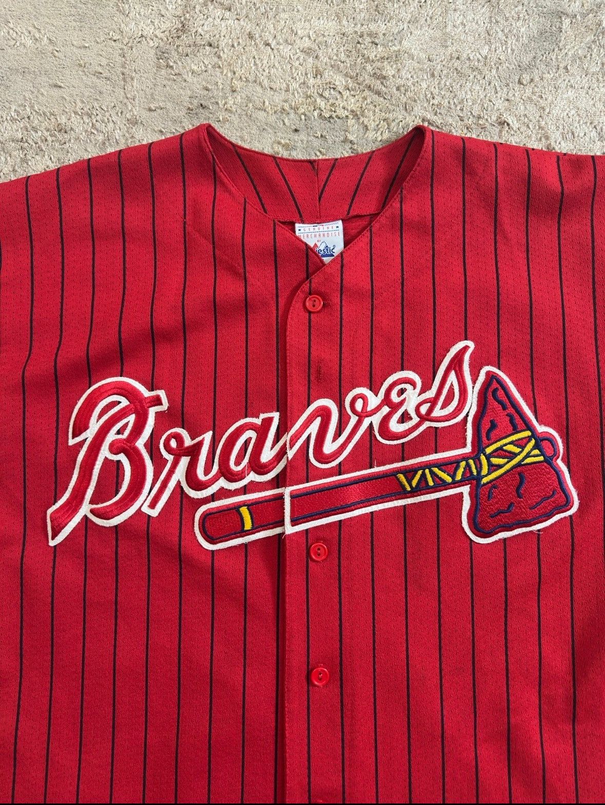 Majestic Vintage Majestic Atlanta Braves Red Pin Stripe Jersey 90s XL Size US XL / EU 56 / 4 - 3 Thumbnail