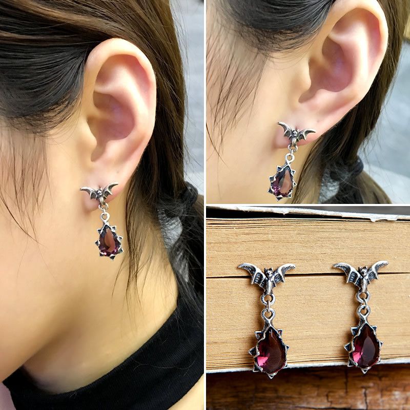 Jewelry 925 Silver Bat Red Stone Retro Earrings One Pairs Chrome Size ONE SIZE - 4 Thumbnail