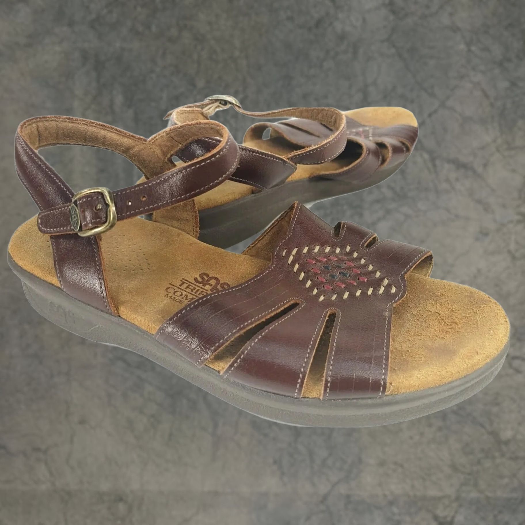 SAS SAS Sandals Brown Leather Open Toe Buckle Size 6.5W Diamond Weave Casual Comfort Women Tripad Size US 7 / IT 37 - 1 Thumbnail