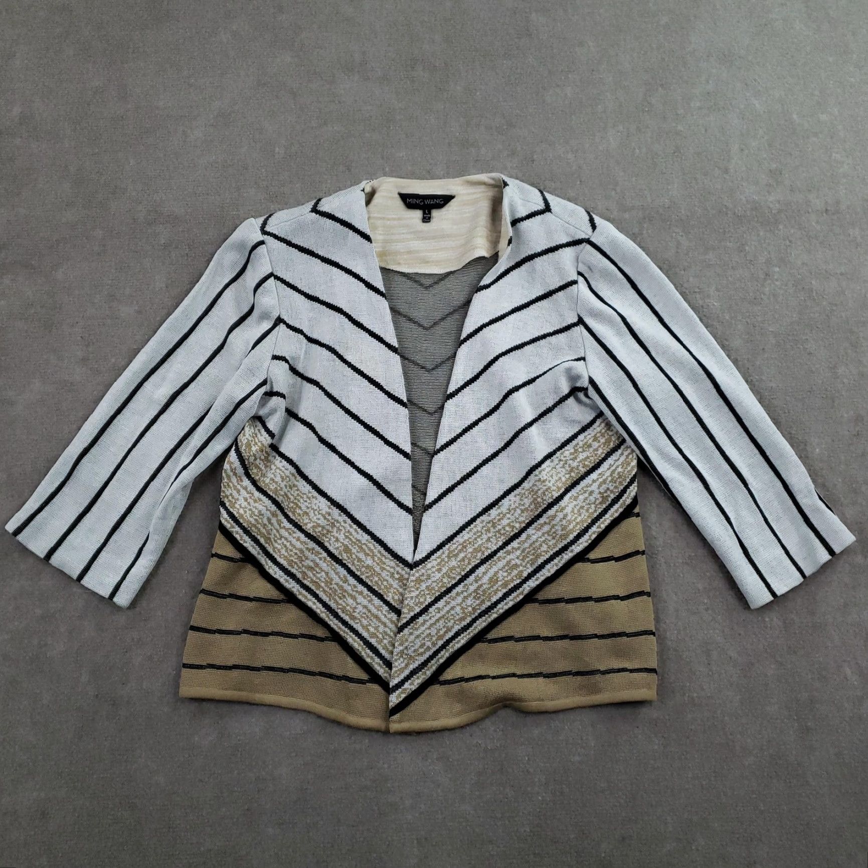 Vintage Ming Wang Cardigan Sweater Womens Large White Stripe Open Front Knit 3/4 Sleeve Size L / US 10 / IT 46 - 2 Thumbnail