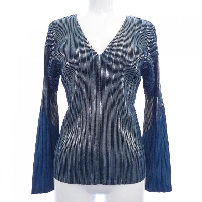 Issey Miyake Issey Miyake size:3 Blue silver-pleated long-sleeved top Size S / US 4 / IT 40 - 1 Thumbnail