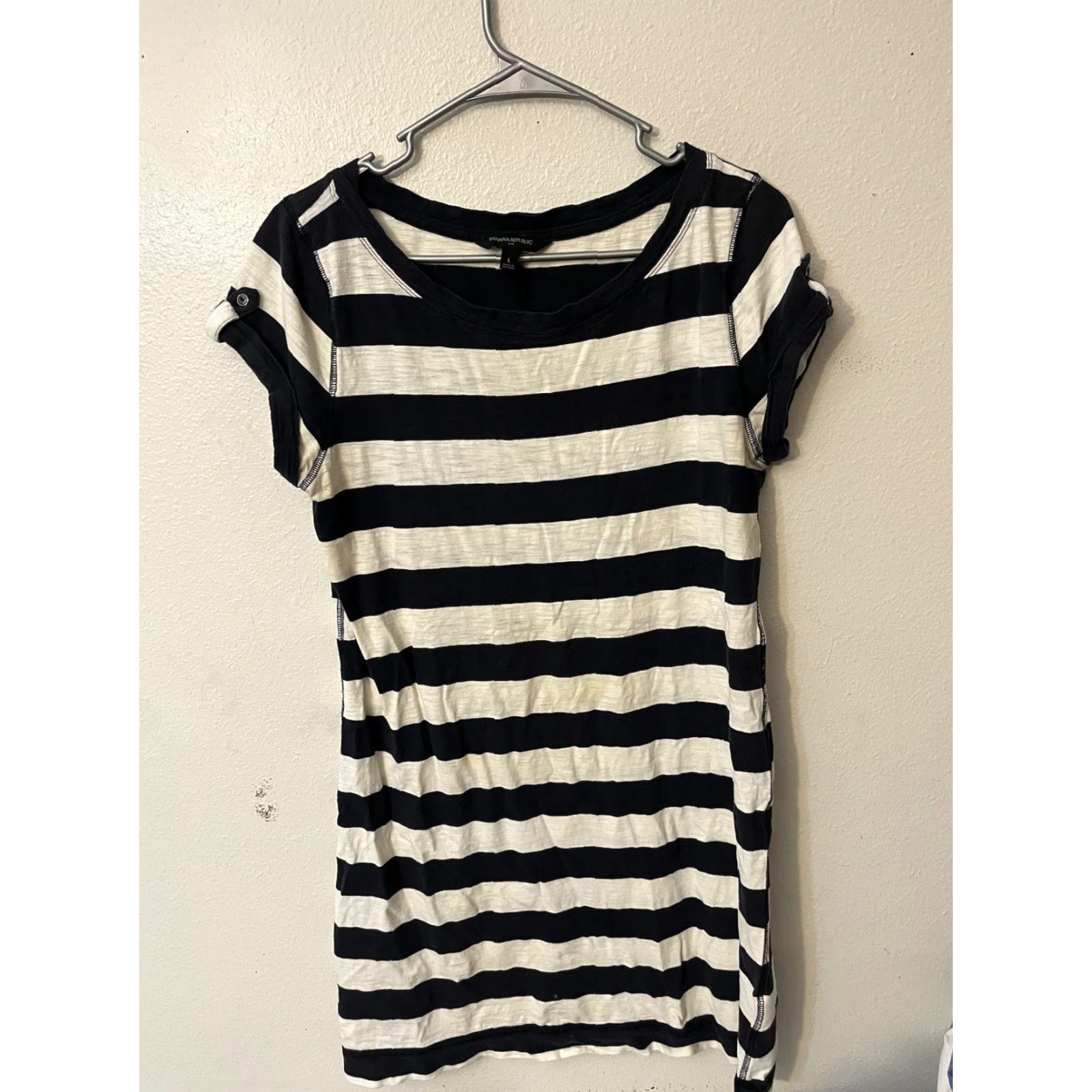 Banana Republic Banana Republic L T-Shirt Dress Shirt Dress Navy Multicolor Nautical Knit Cotton Cap Sleeve Knee Length Women L Size L / US 10 / IT 46 - 2 Thumbnail