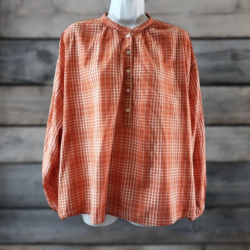 Vintage Universal Thread Womens Top Blouse Long Sleeve Orange Plaid Cotton Blend Size L Size L / US 10 / IT 46 - 1 Thumbnail