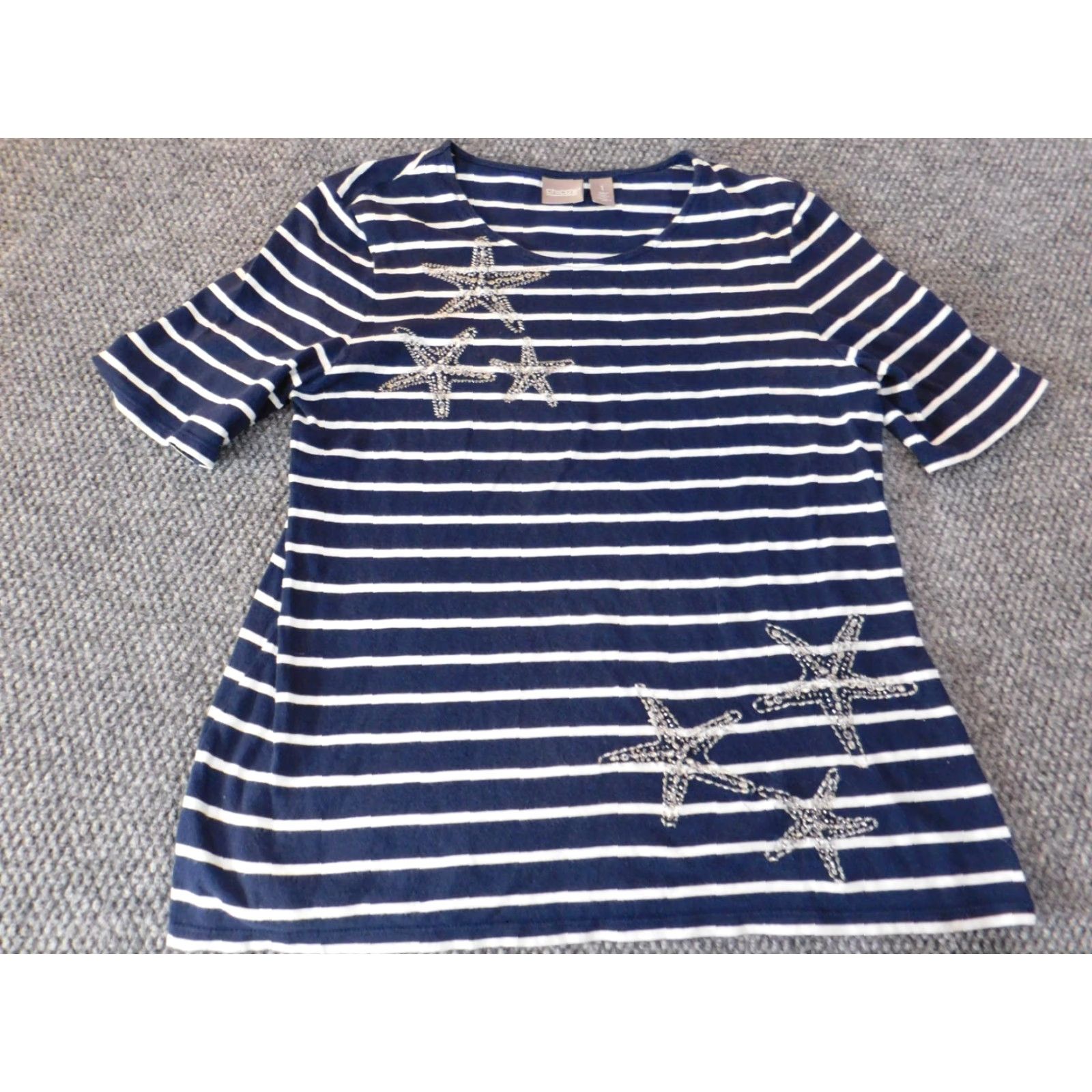 Vintage Chicos Shirt Women Blouse Short Sleeve Blue Striped Button Up Collared Stretch Cotton Classic Size XS / US 0-2 / IT 36-38 - 3 Thumbnail