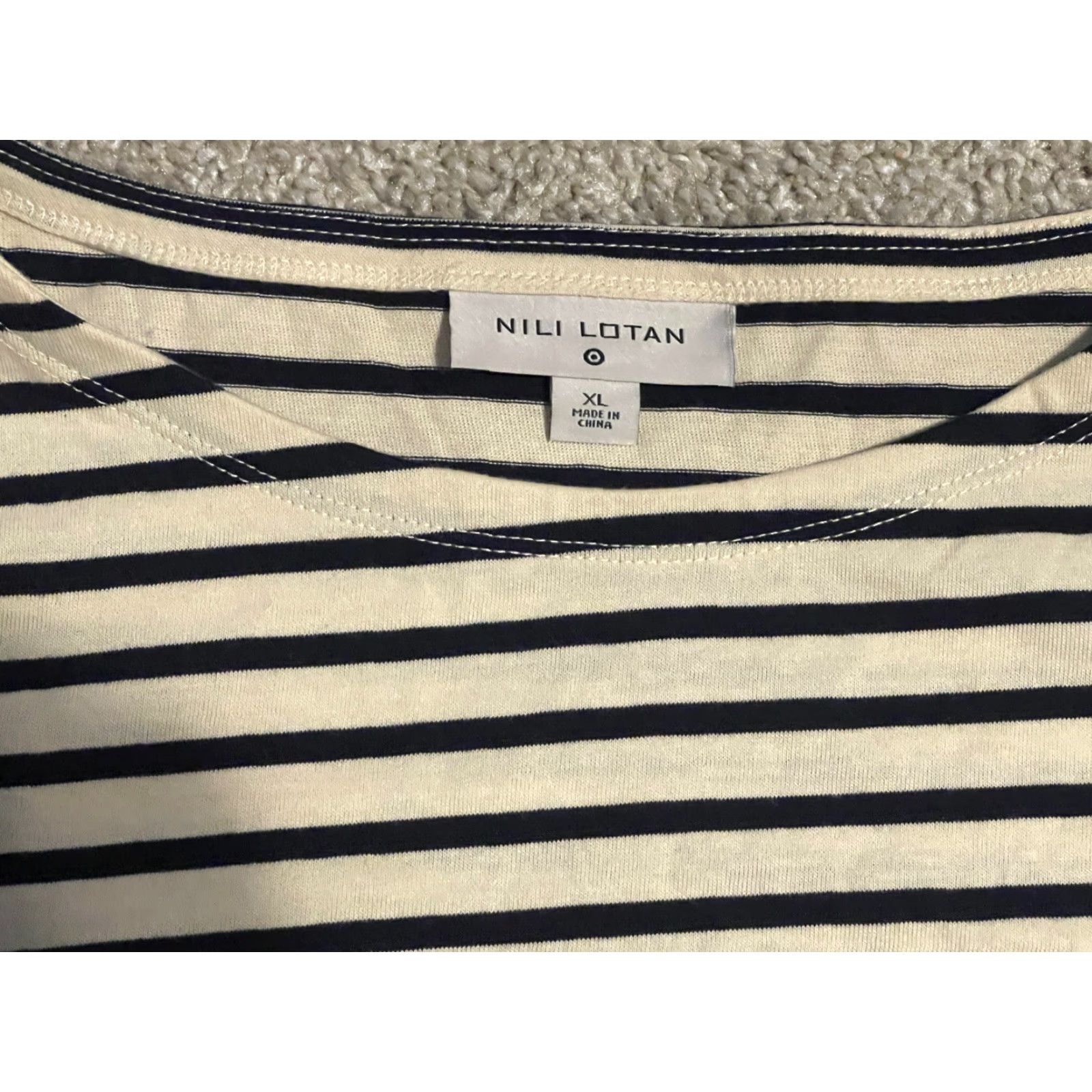 Nili Lotan Nili Lotan Target Striped Long Sleeve Shirt XL Boat Neck Cream Black Top Women Knit Jersey Cotton Blend Regular Modern All Seasons Collarless Size XL / US 12-14 / IT 48-50 - 2 Thumbnail