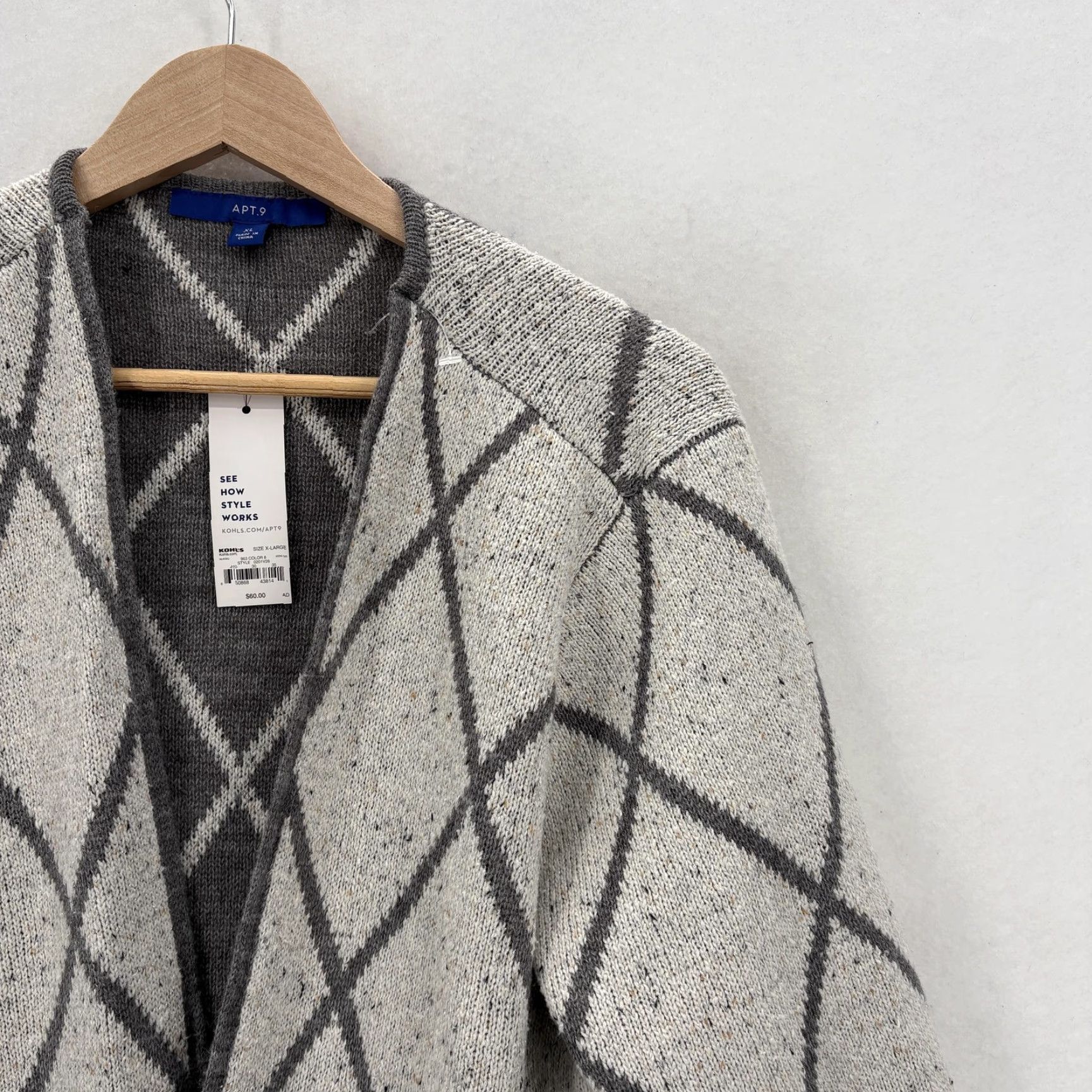 Apt. 9 APT.9 Cardigan Womens XL Gray Argyle Open Front Pockets Knit Relaxed NWT Sweater Size XL / US 12-14 / IT 48-50 - 2 Thumbnail