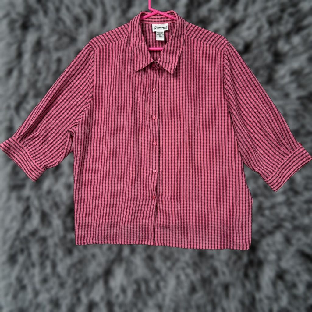 Vintage Vintage Joanna Pink Black Striped Button-Up Blouse 2XL Women 3/4 Sleeve Office Chic Grandmacore Size XXL / US 16-18 / IT 52-54 - 1 Thumbnail