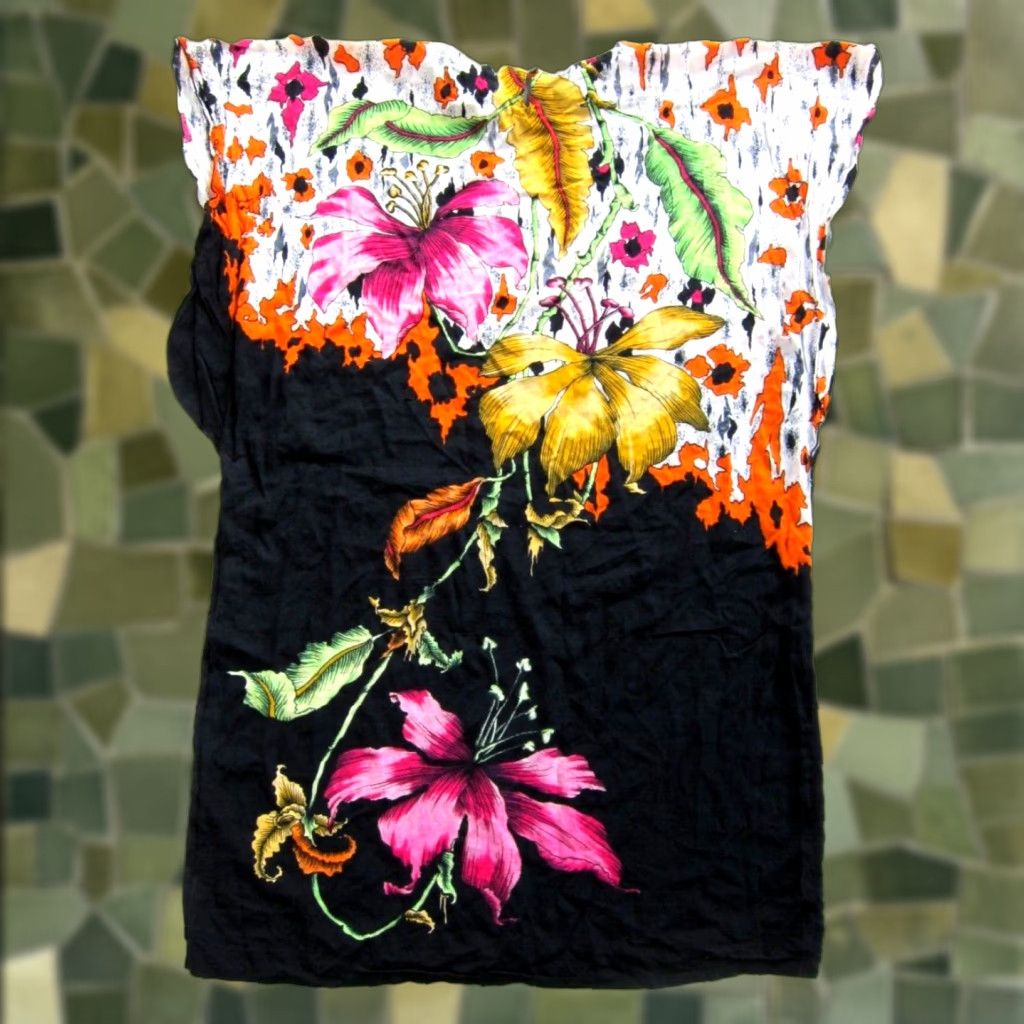 Pinko VTG Elok Rayon Indonesia Batik Floral Black Pink Yellow Kaftan Muumuu Dress OS Size ONE SIZE - 1 Thumbnail