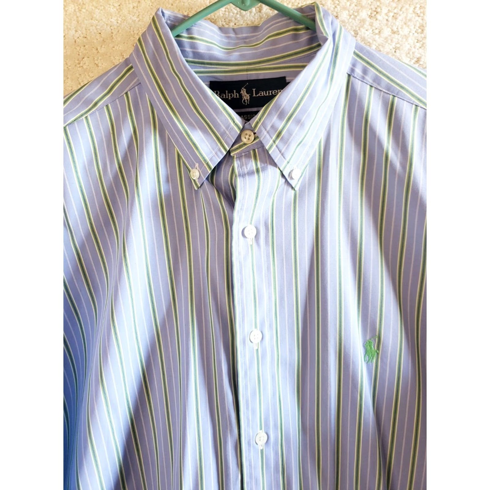 Ralph Lauren Ralph Lauren Men's Classic Fit Button-Down Shirt Blue Green-Striped Long Sleeve Shirt L Image? (Note: This item is pre-owned; dry clean tag). Size US L / EU 52-54 / 3 - 3 Thumbnail