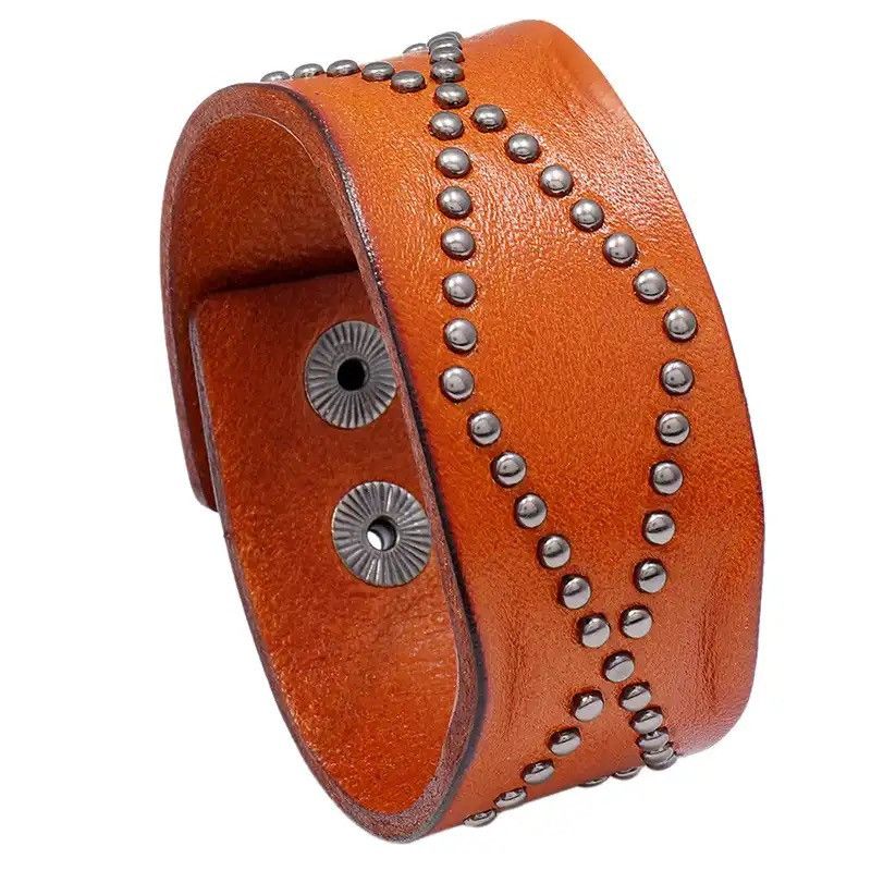 Vintage Genuine Leather Wide Wristband Rivet Button Bracelet Size ONE SIZE - 1 Thumbnail