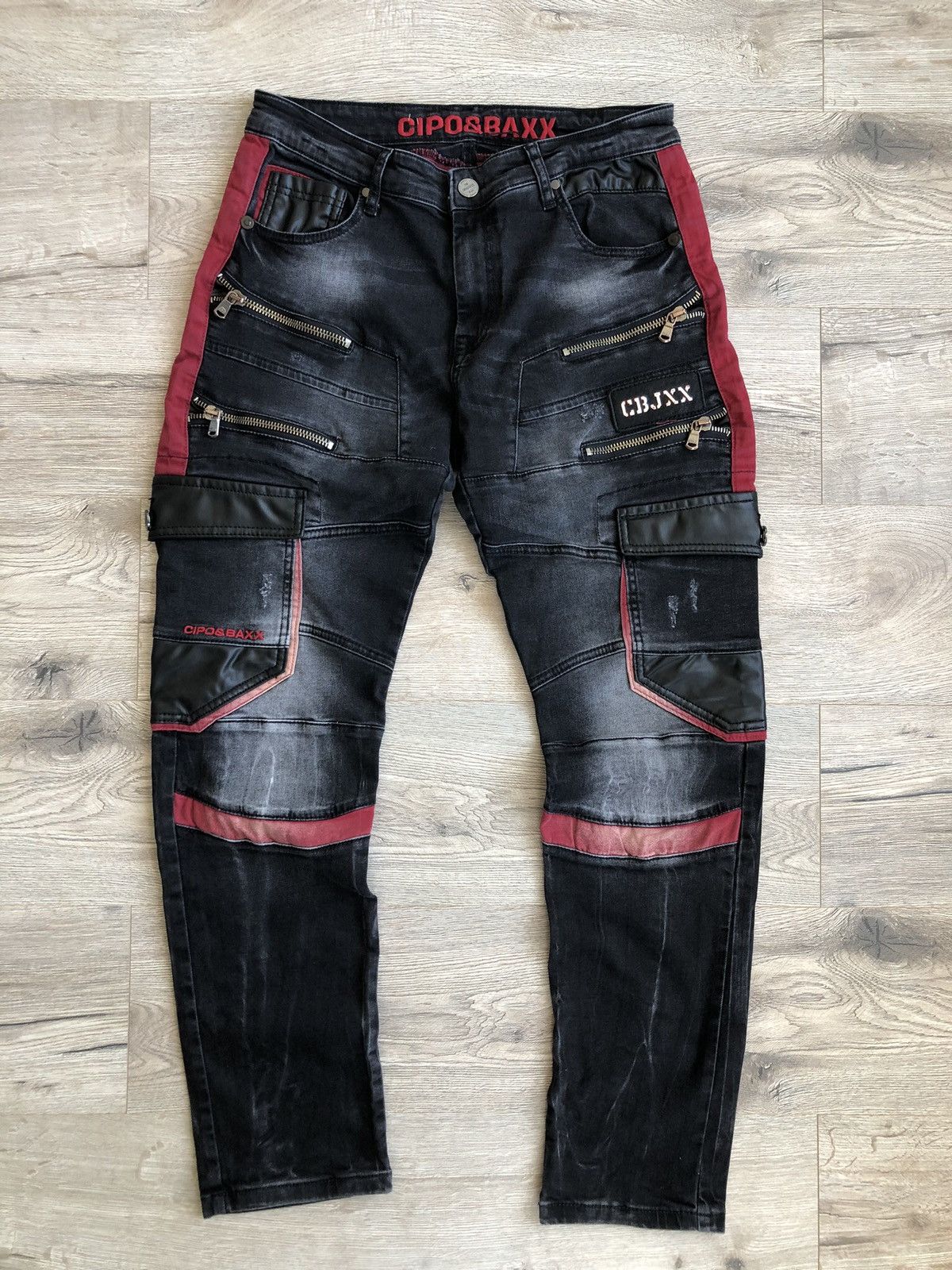 Image of Cipo & Baxx Avant Garde Y2K Japanese Style Denim Pants in Black/Red, Men's (Size 33)