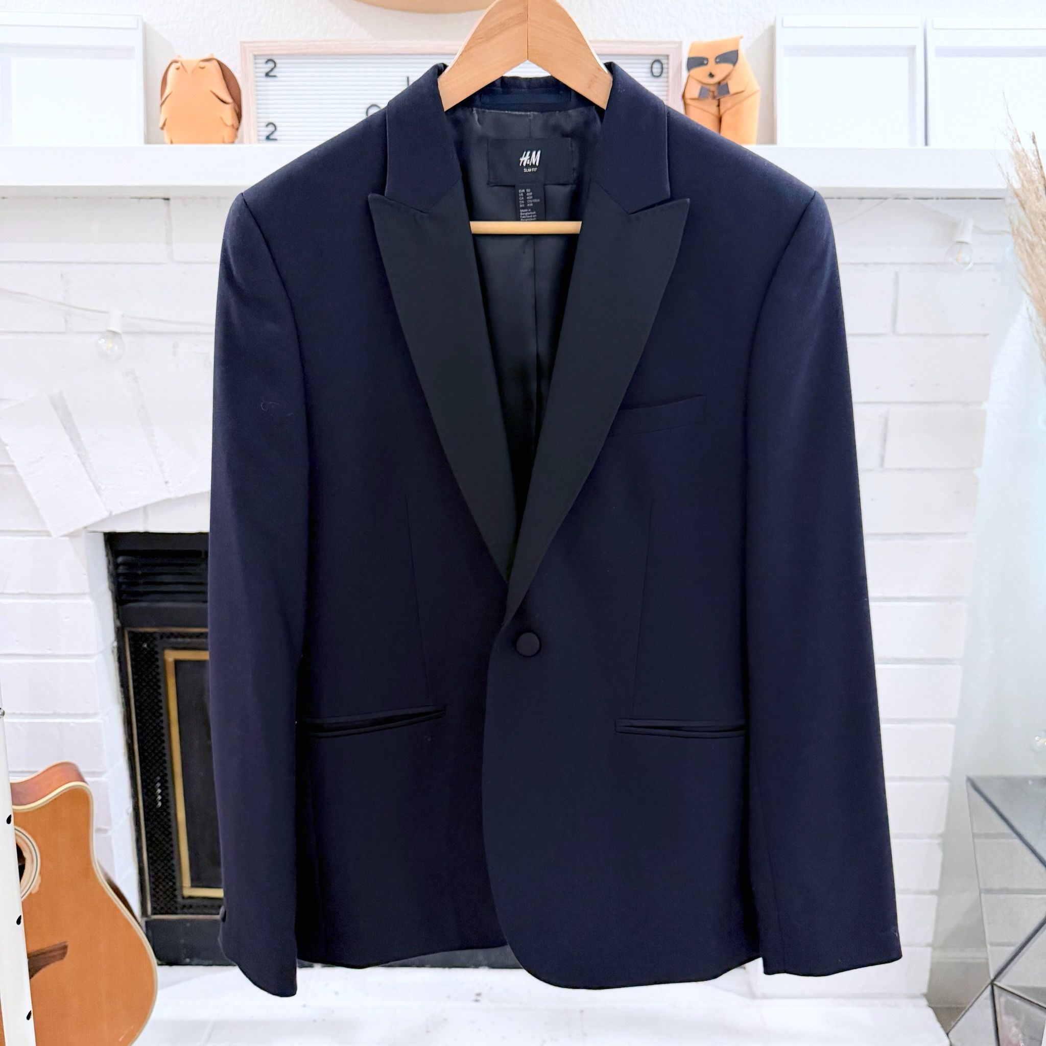 H&M H&M Slim Fit Dark Navy Blue Black Collar Tuxedo Suit Set Size 40R - 2 Thumbnail