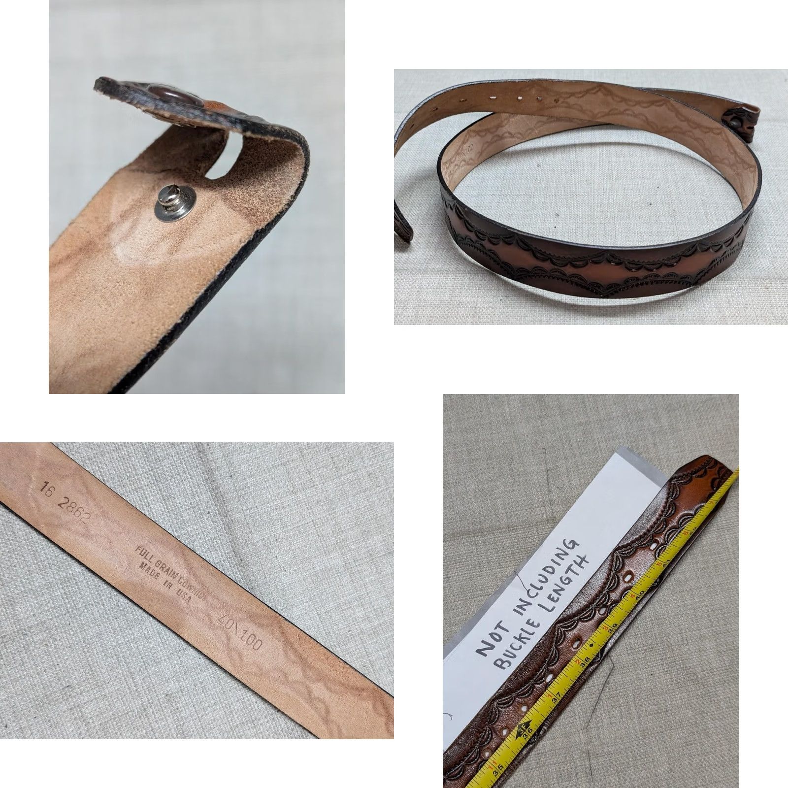 Vintage VINTAGE USA made TOOLED buckle belt western Geometric 38 brown Cowhide leather belt Mens Size 38 - 8 Thumbnail