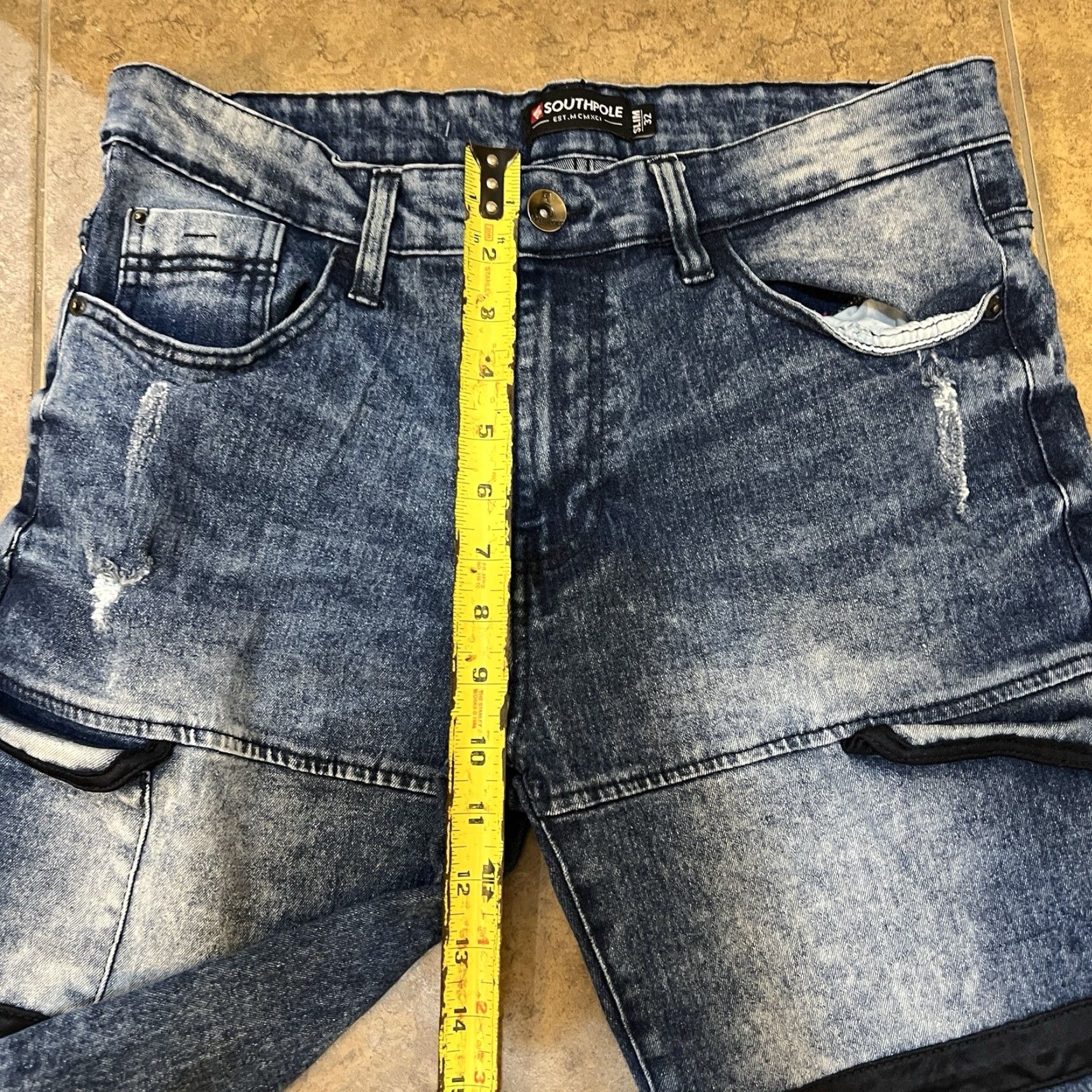 Southpole Southpole Blue Jean Shorts - Slim 32 - Distressed - Black Stripes - Men’s - Denim Front Zip Casual 90s Hip Hop Grunge Jeans Shorts Mens Size US 32 / EU 48 - 4 Thumbnail