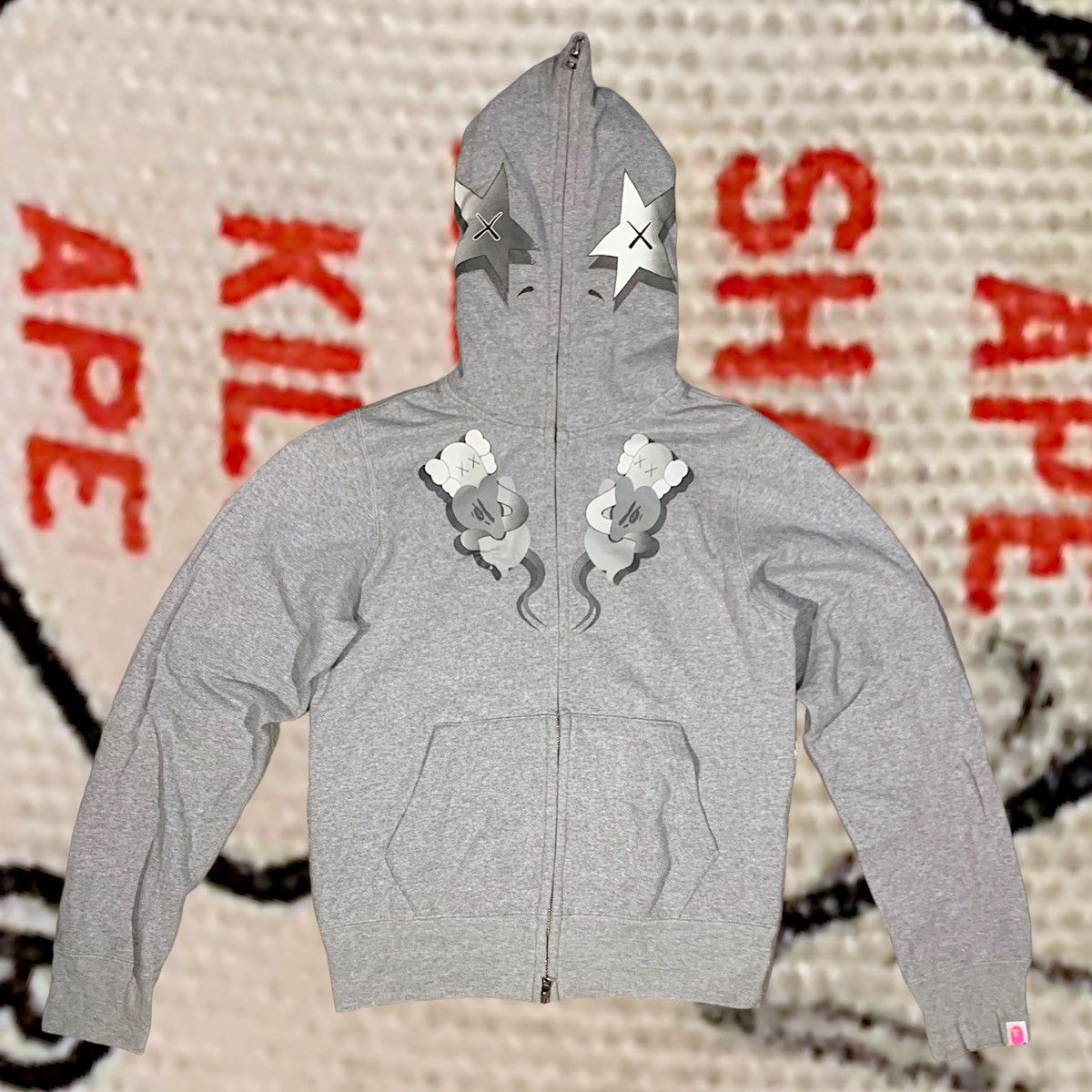 image of Bape x Kaws Bendy Full Zip Hoodie (2005) in Grey, Men's (Size XS)