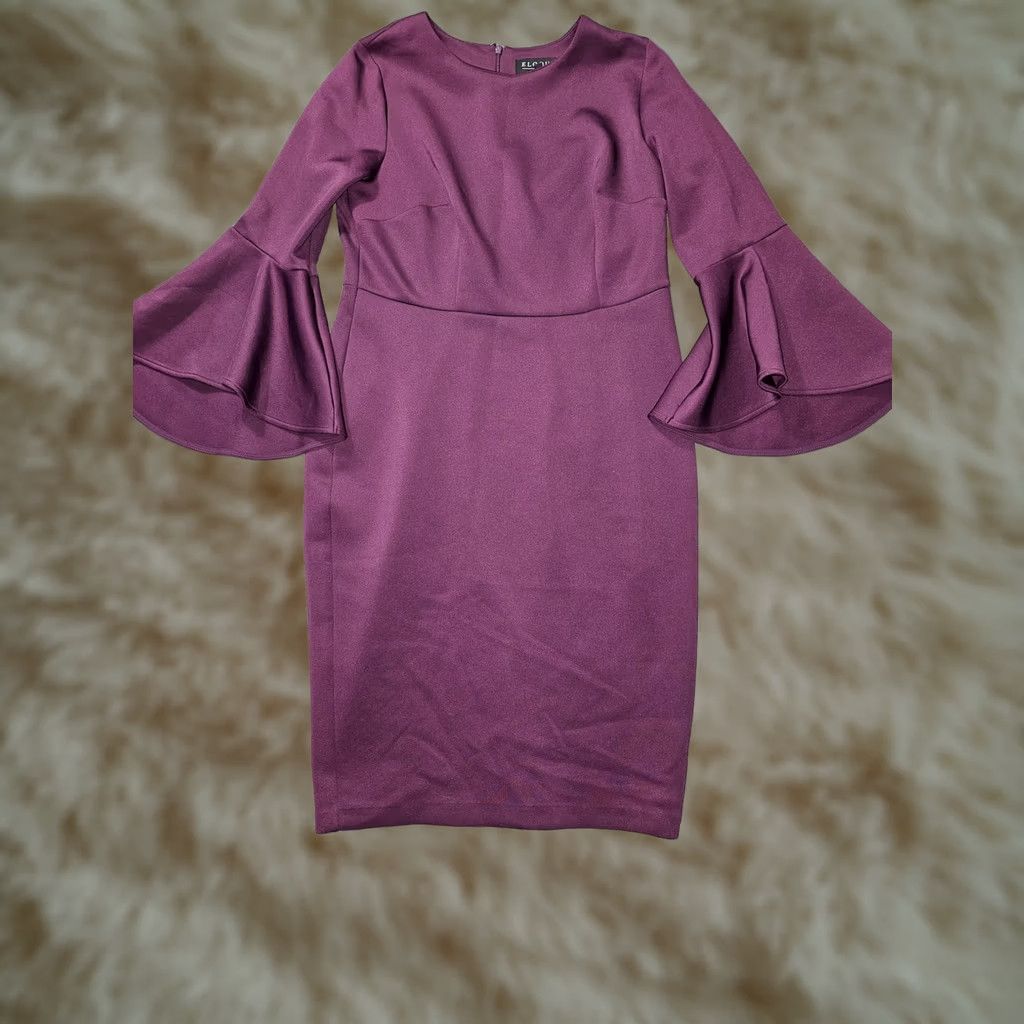 Vintage Eloquii Dress Womens 14 Purple Long Bell Sleeve Sheath Stretch Knit Cocktail Dress Size XL / US 12-14 / IT 48-50 - 1 Thumbnail