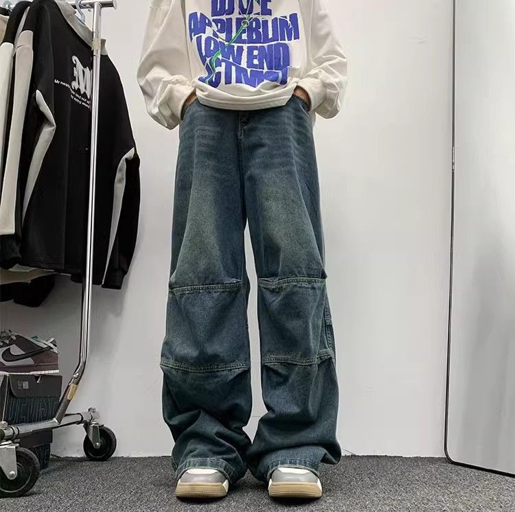 image of Spliced Washed Casual Straight Leg Jeans in Blue, Men's (Size 32)
