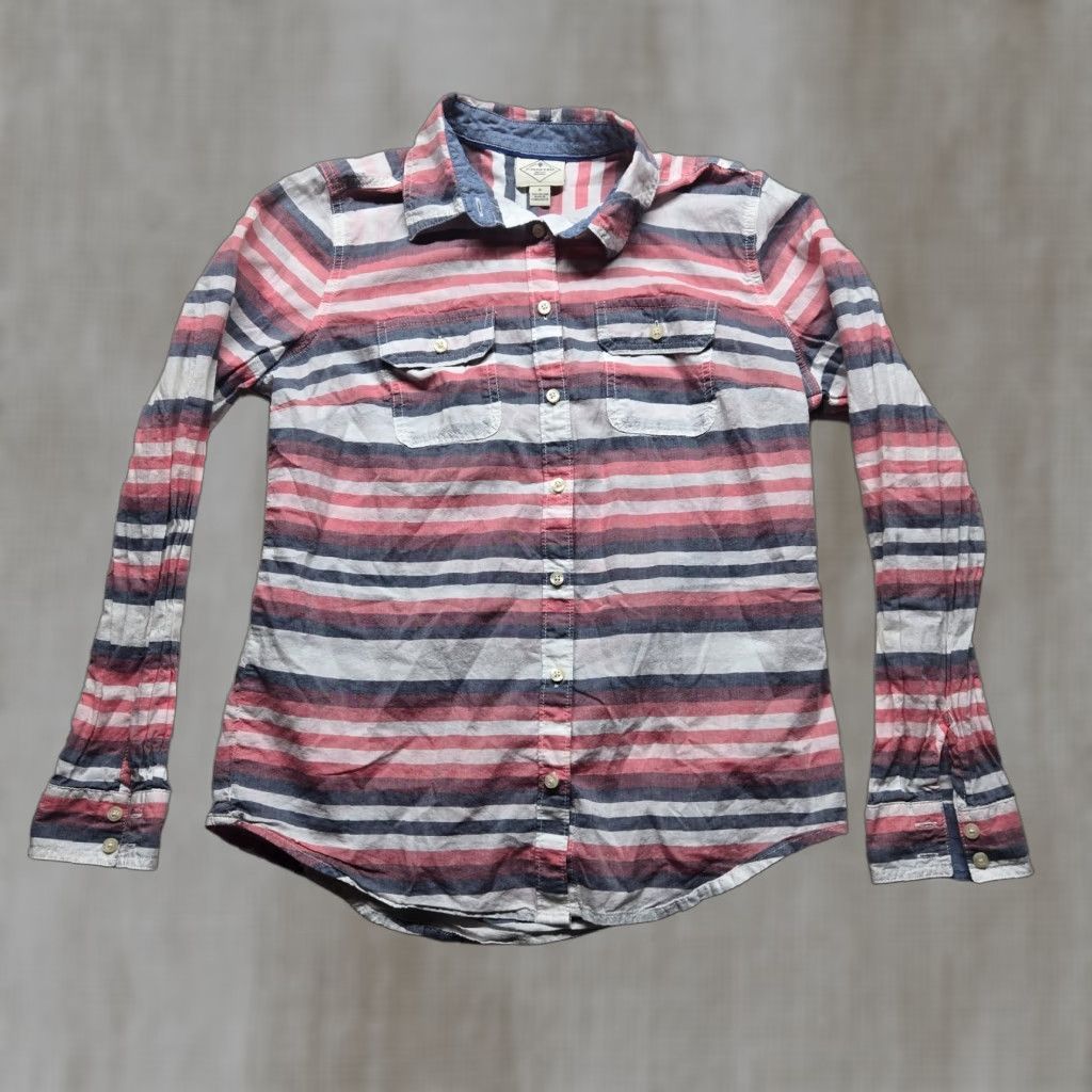 Vintage St. John's Bay Shirt Women's Small Stripe Button-Up Long Sleeve Beige White Cotton Shirt Adult Small Striped Casual Women Fashion 90s? Size S / US 4 / IT 40 - 1 Thumbnail