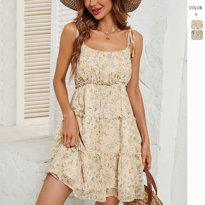 image of Vintage Backless Printed High-Waisted Halter Dress in Apricot, Women's (Size Medium)