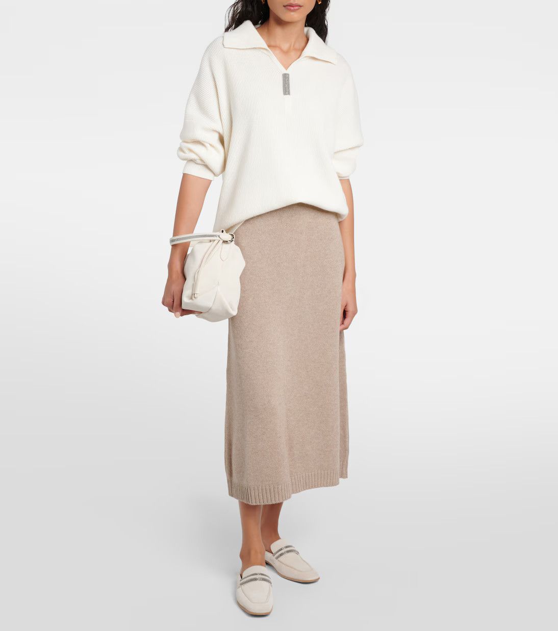 Brunello Cucinelli o1y0725 Midi Skirt in Beige Size 26" / US 2 / IT 38 - 2 Thumbnail