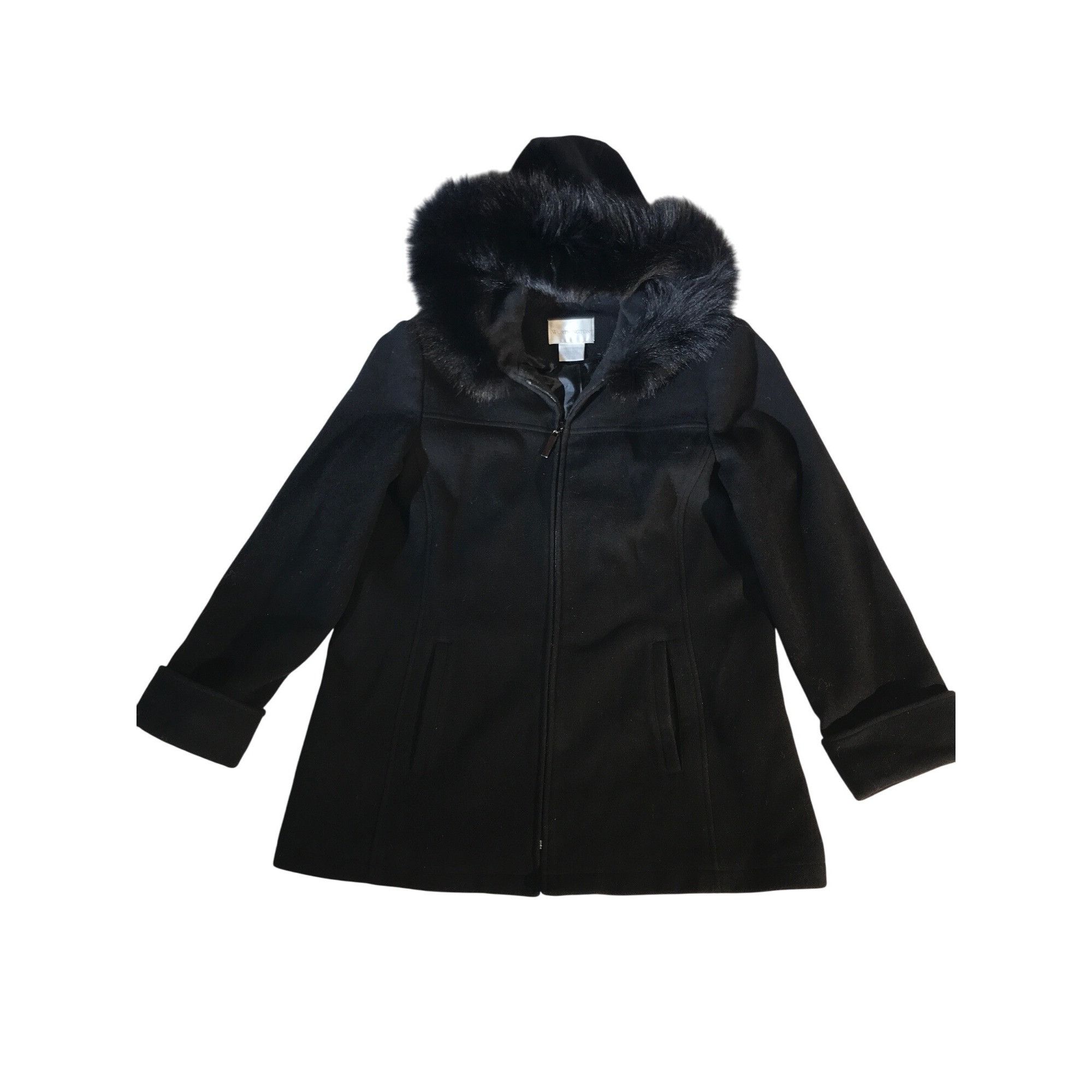 Worthington Black Wool Blend Coat Faux Fur Hood