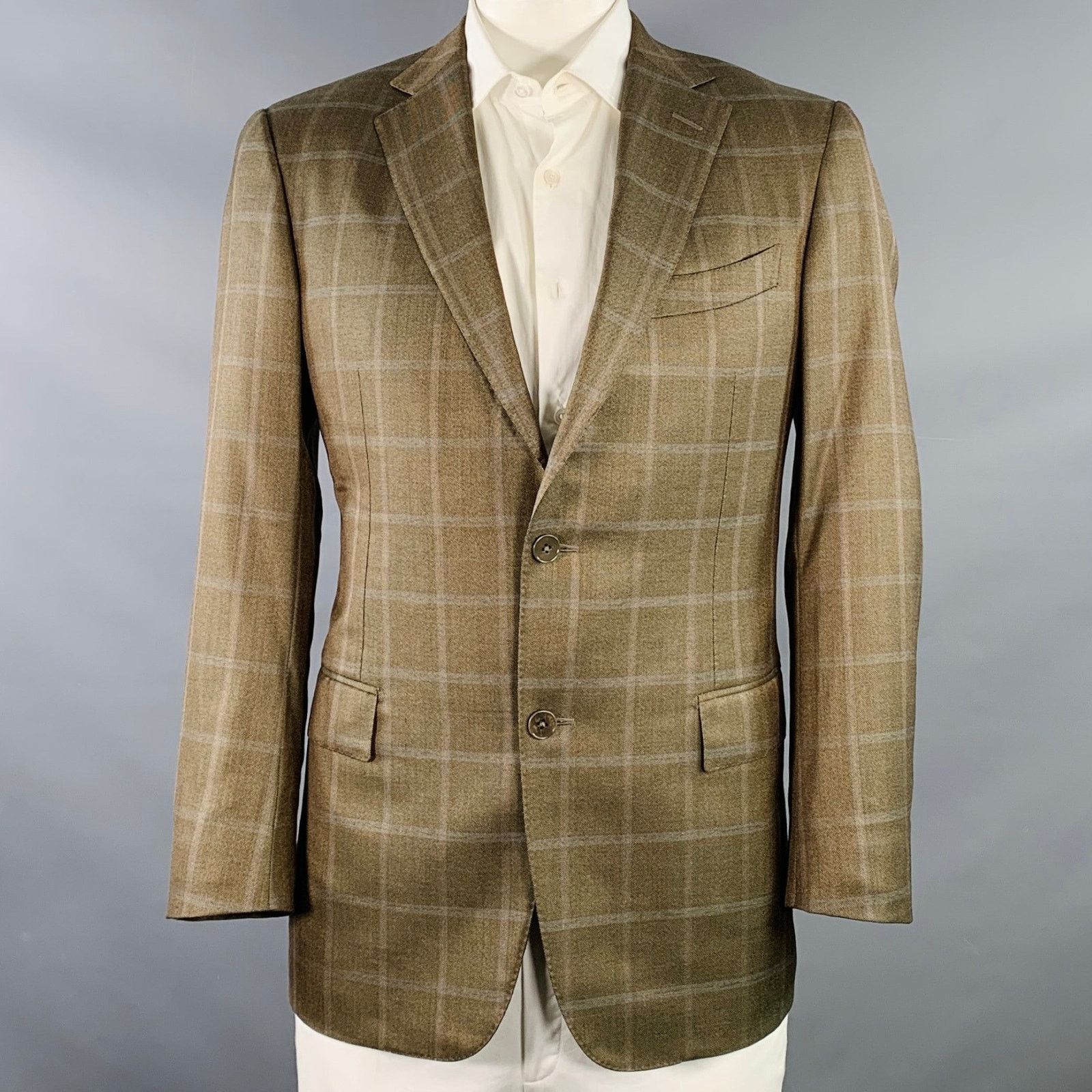 Brown Olive Window Pane Silk Wool Notch Lapel Sport Coat
