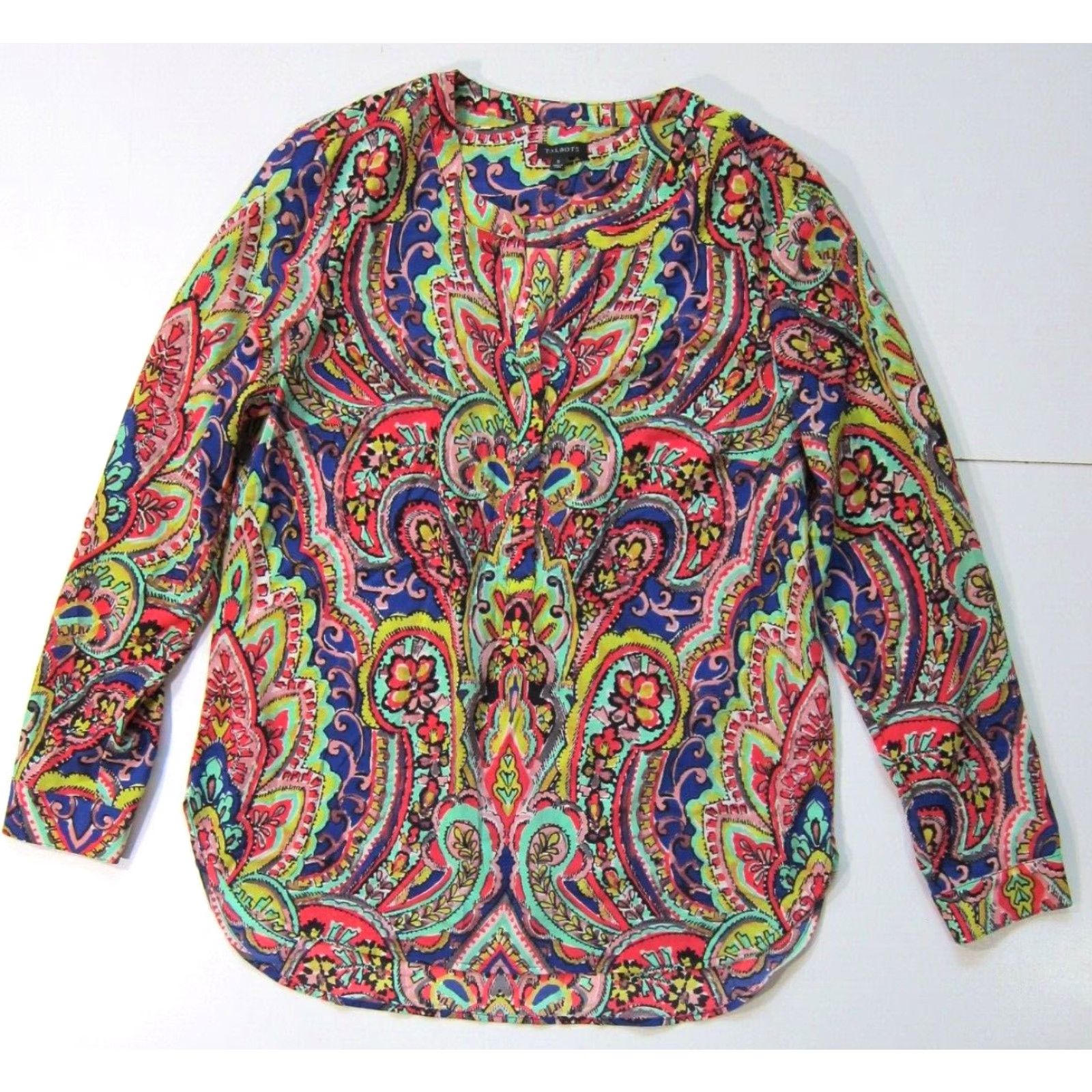 Talbots Talbots Blouse Women Small Green Retro Floral Long Sleeve V-Neck Top Size S / US 4 / IT 40 - 7 Thumbnail