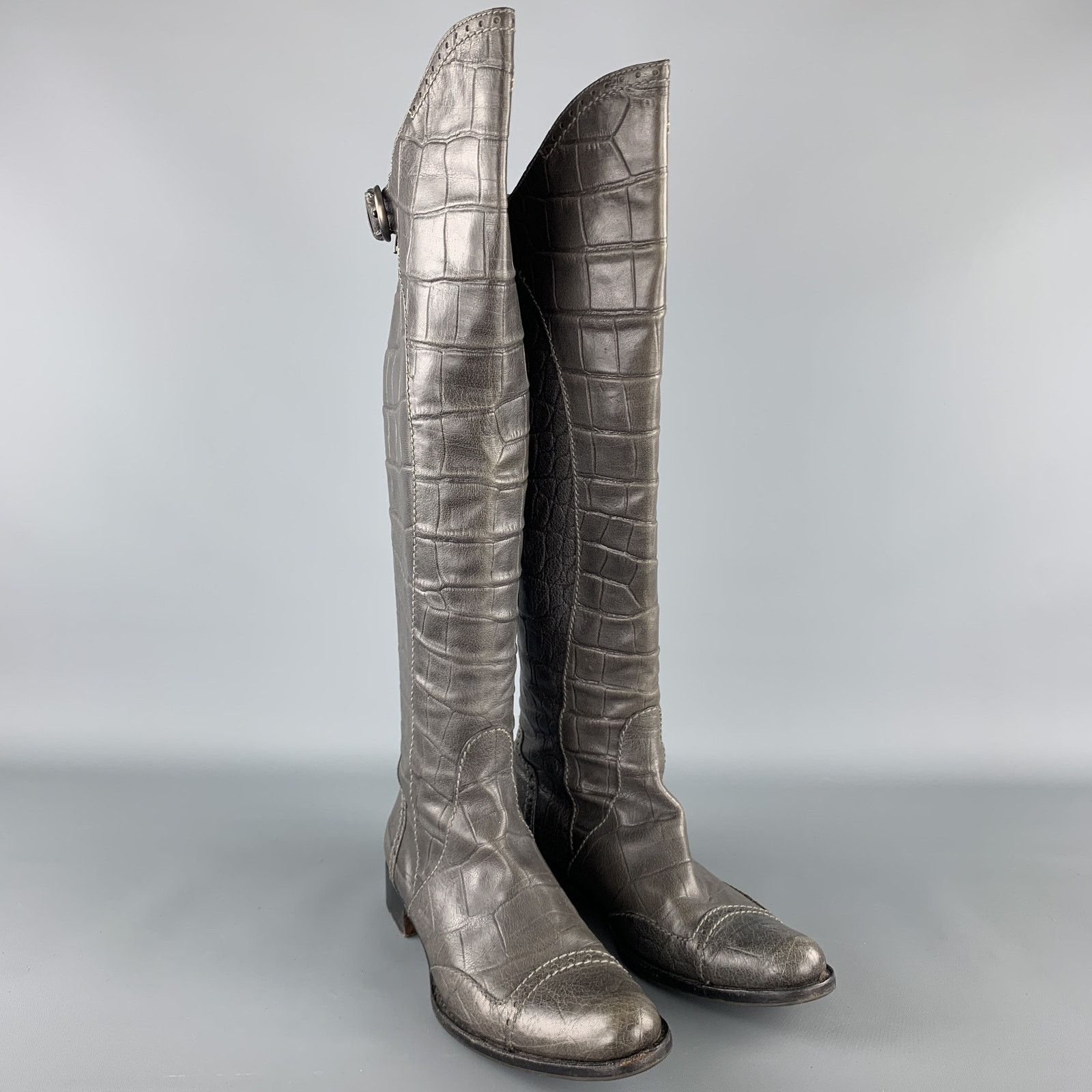 HENRY BEGUELIN Grey Crocodile Embossed Leather Knee High Boots Size US 8.5 / IT 38.5 - 2 Thumbnail