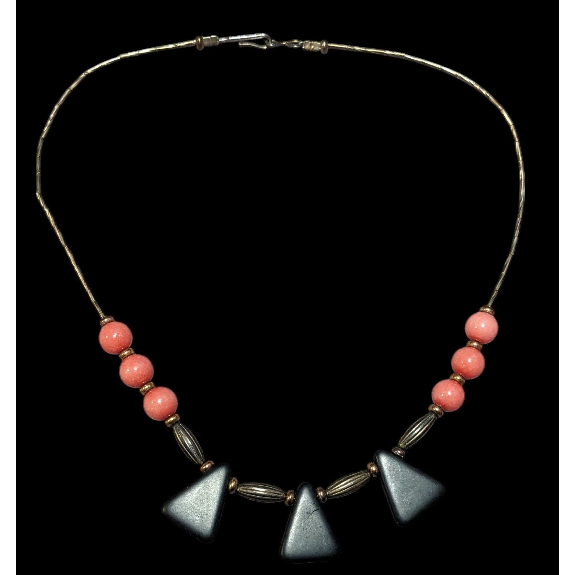 Other Vintage Geometric Onyx Pink Gem And Silver Tone Beaded Neckl Size ONE SIZE - 3 Thumbnail