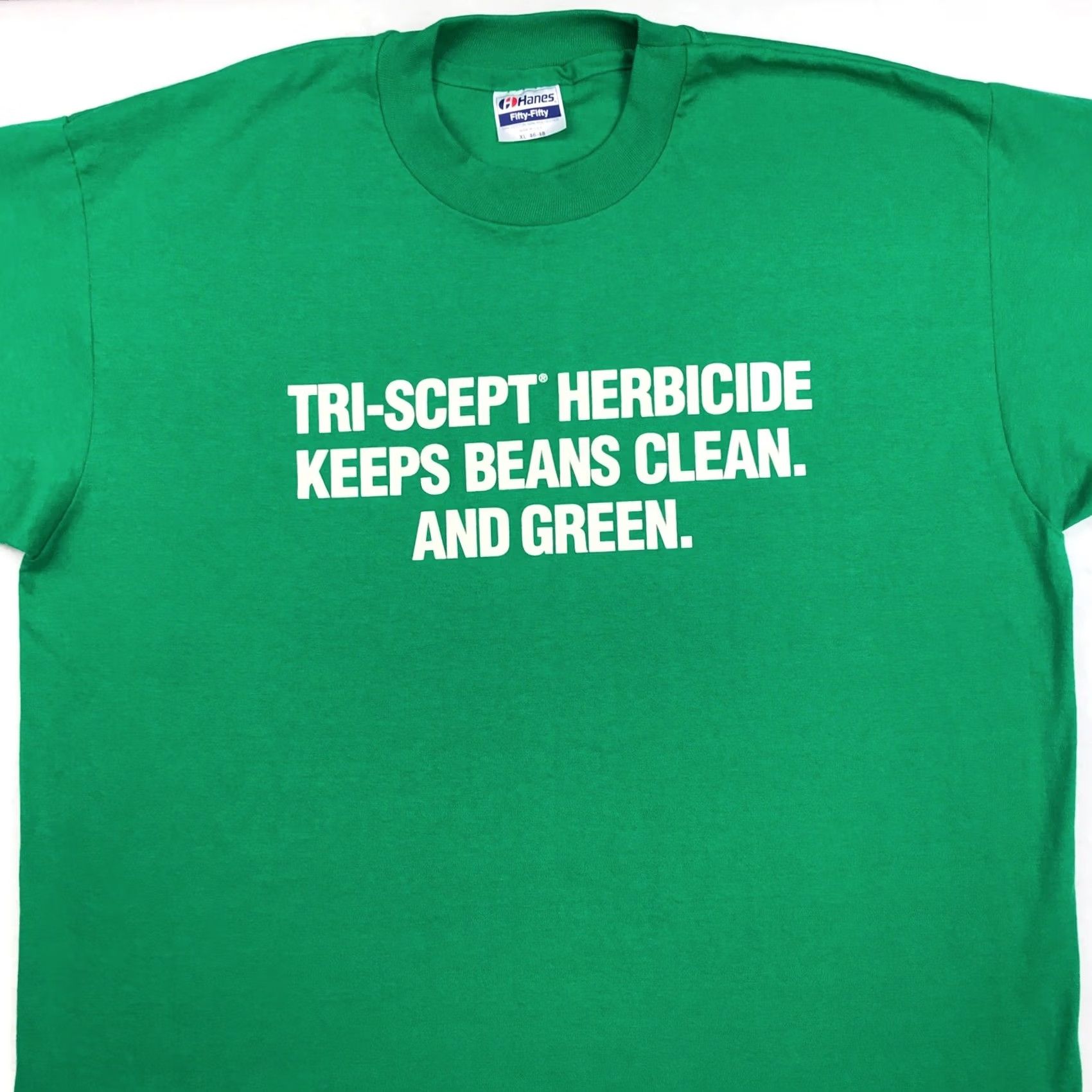 Hanes VINTAGE Hanes T-Shirt Men XL Green 80s 90s TRI-SCEPT HERBICIDE KEEPS BEAN CLEAN & GREEN Short Sleeve Cotton Blend Single Stitch Size US XL / EU 56 / 4 - 3 Thumbnail
