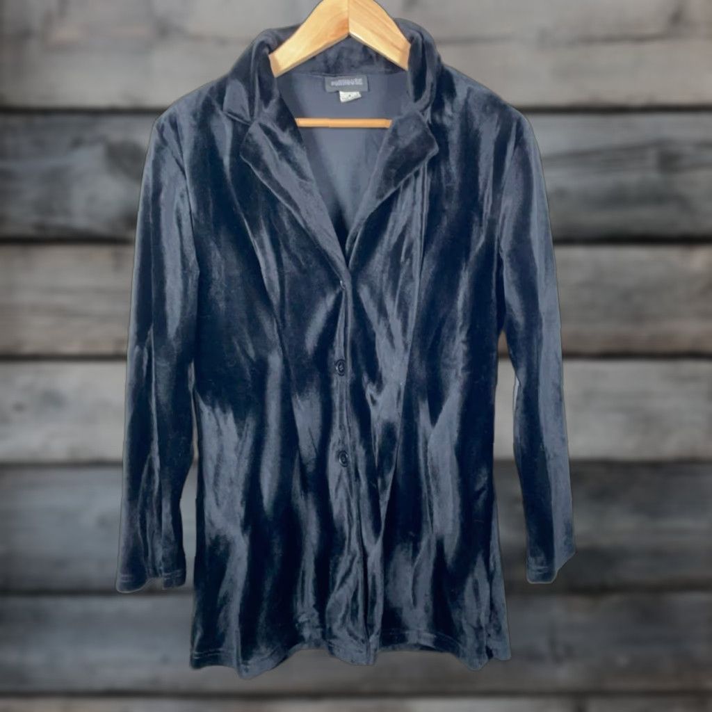 Velour VINTAGE Funhouse 90s Velour Long Shirt Shacket Women Large Black Gothic Steampunk Cosplay Grunge Shirt Womens Large Velour Shacket Size L / US 10 / IT 46 - 1 Thumbnail