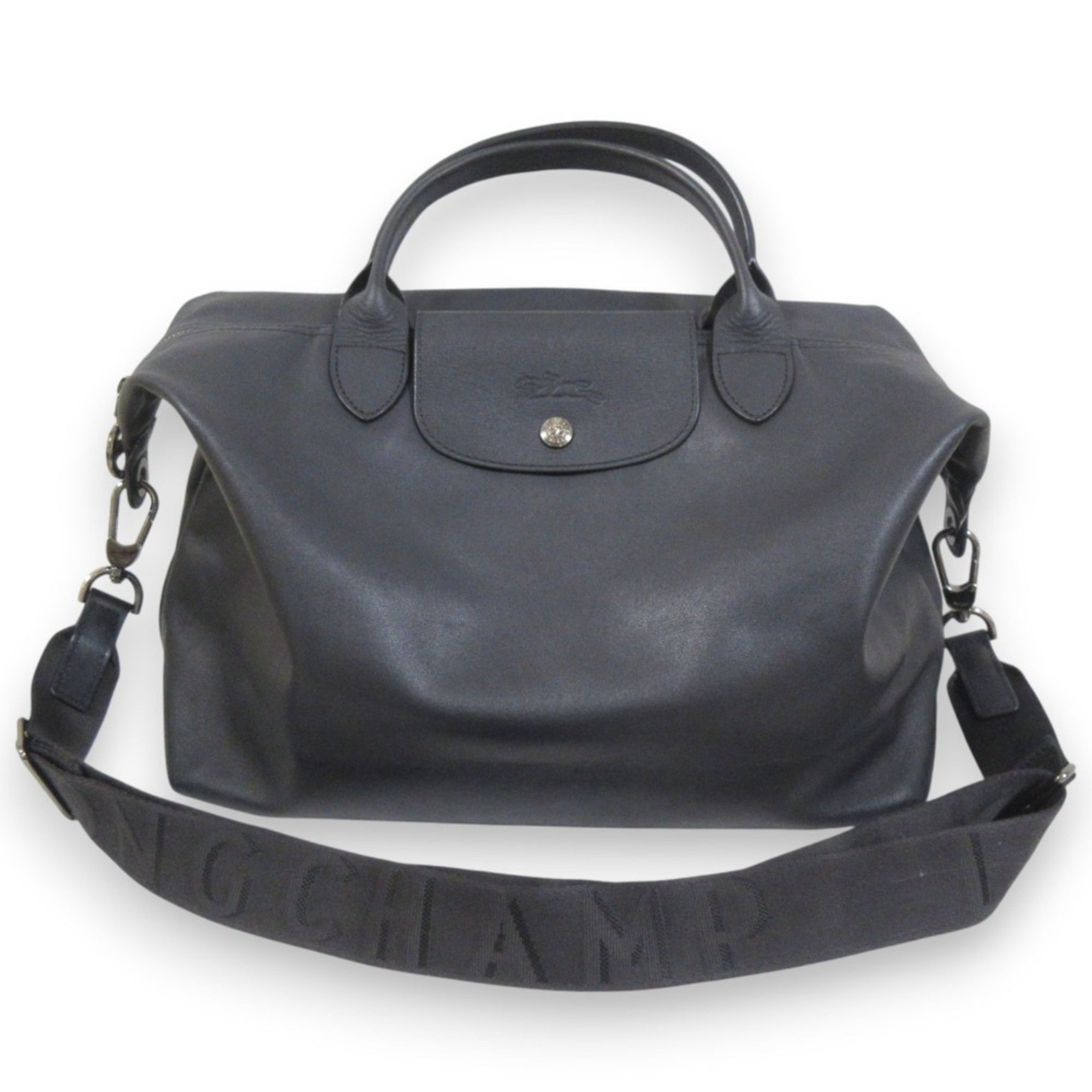 Longchamp Pliage Extra L Top Handle Bag Leather Boston Black Silver Hardware Men's Women's