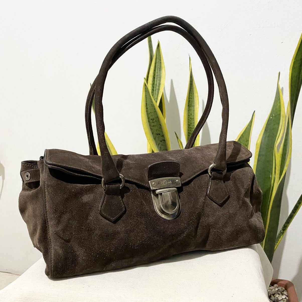 image of Vintage Prada Suede Handle Bag in Brown, Women's