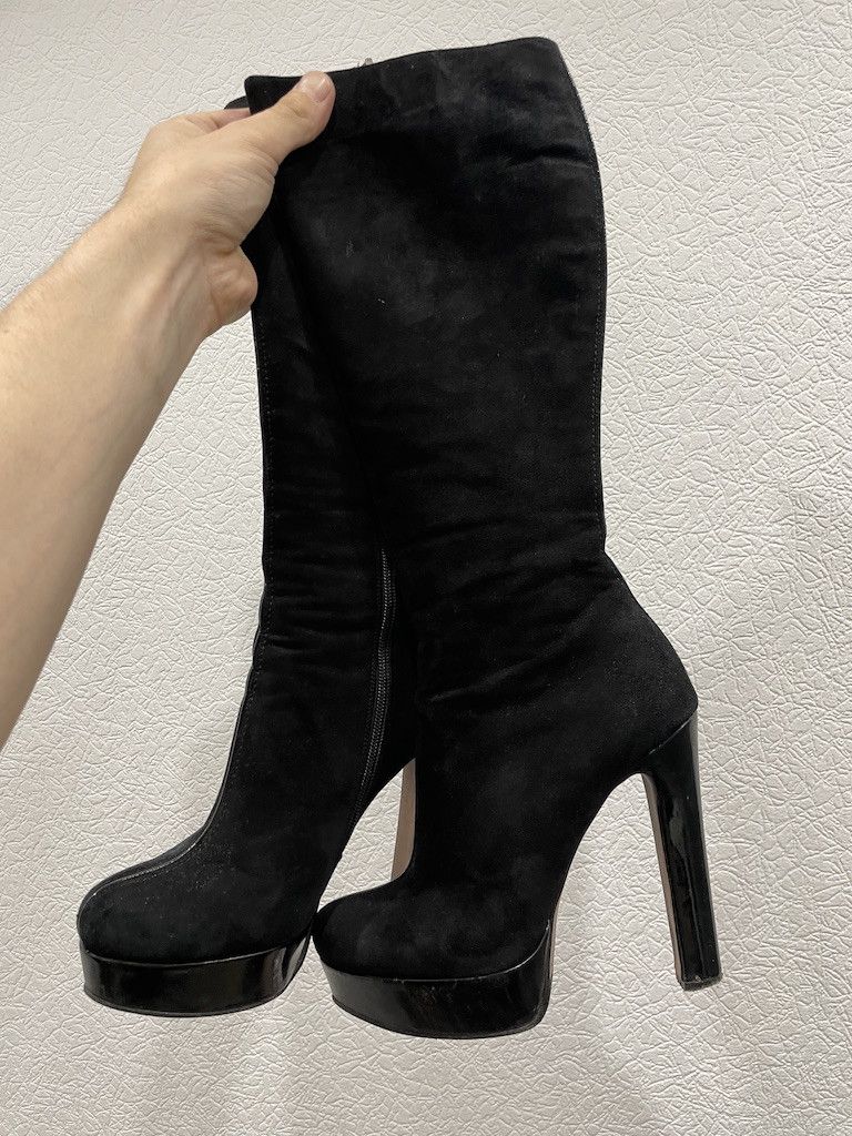 Paoloni Vintage PAOLETTI By Aslan Suede-Leather Black Full-Zip High Knee Boots Heels Shoes 36 Size US 6 / IT 36 - 2 Thumbnail