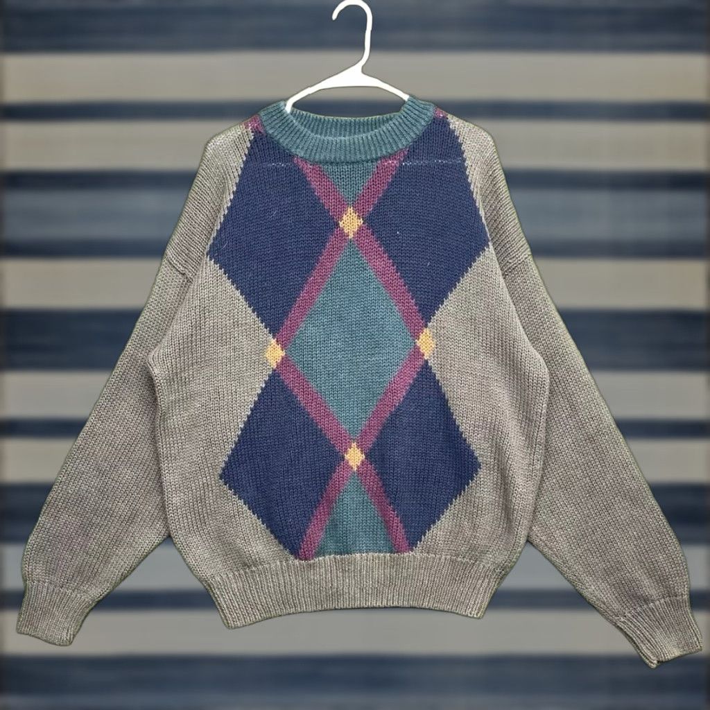 Vintage Vintage New River Cable Knit Sweater Mens Medium Grandpa Dad Argyle Plaid 90s Size US M / EU 48-50 / 2 - 1 Thumbnail