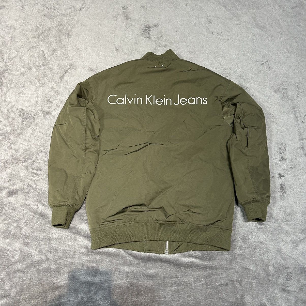 image of Calvin Klein Jeans Bomber Jacket Big Logo Print Zip in Khaki, Men's (Size XS)