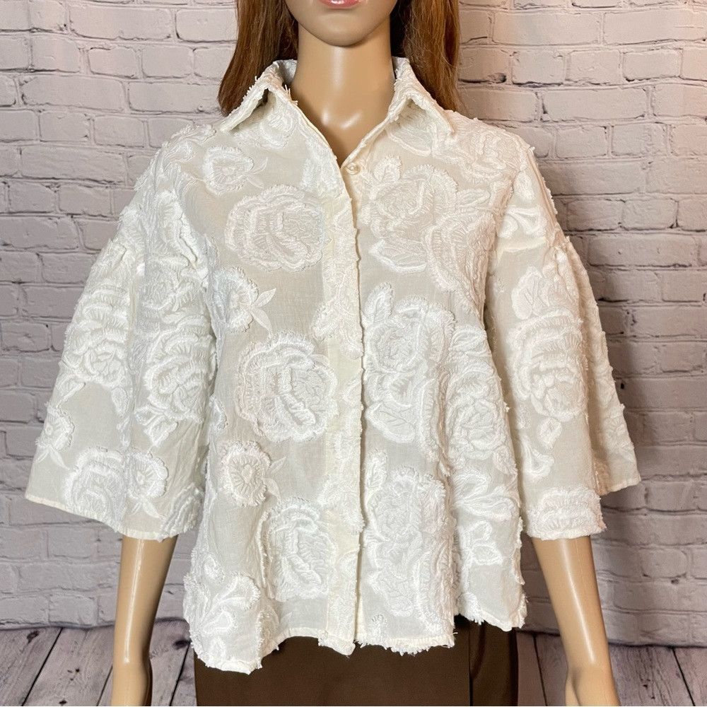 Current Air Current Air Floral Embroidered Cotton 3/4 Bell Sleeve Ivory Size XS / US 0-2 / IT 36-38 - 9 Thumbnail